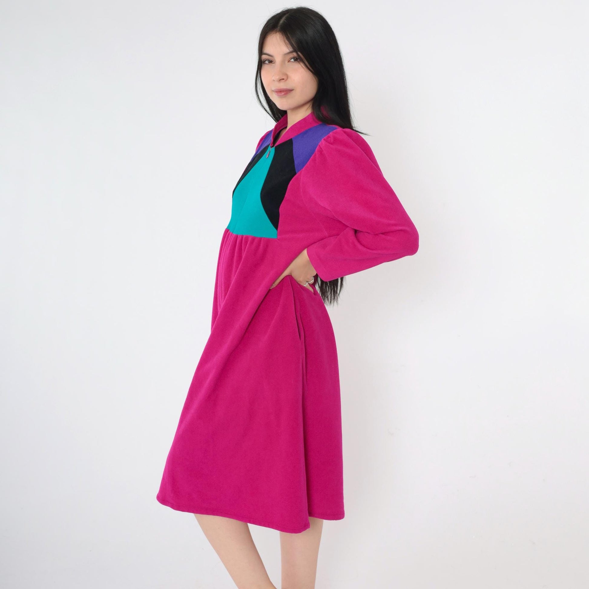 80s Vassarette Velour Lounge Dress Fuchsia Color Block Midi Zip Front Medium M