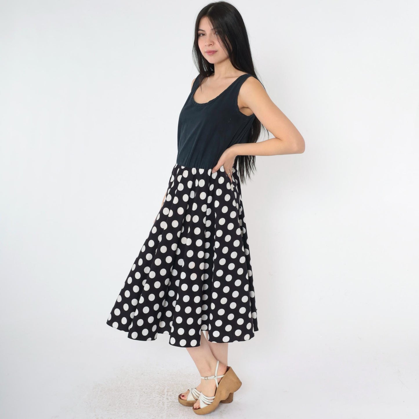 80s Black Polka Dot Midi Dress Sleeveless High Waist Scoop Neck Small