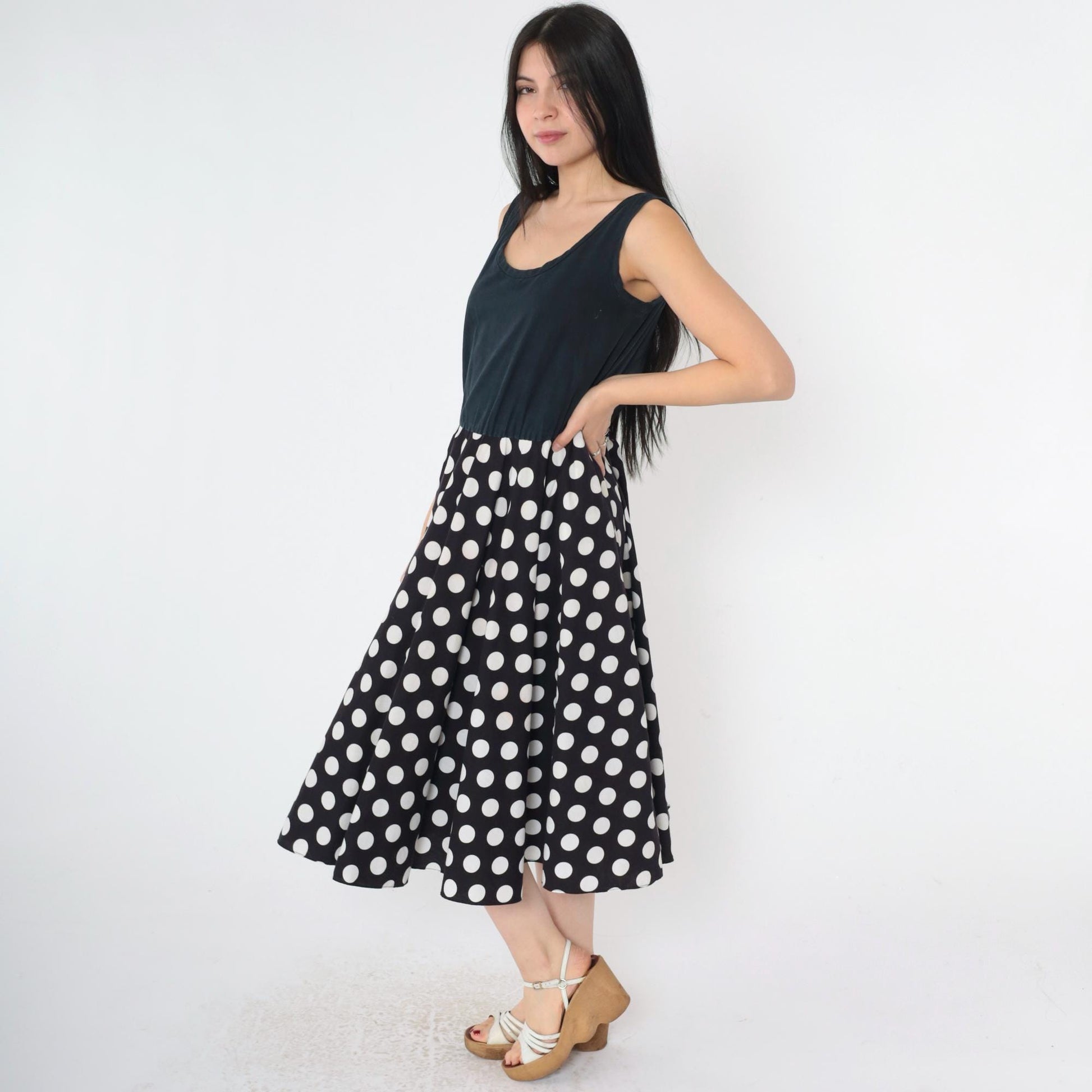 80s Black Polka Dot Midi Dress Sleeveless High Waist Scoop Neck Small