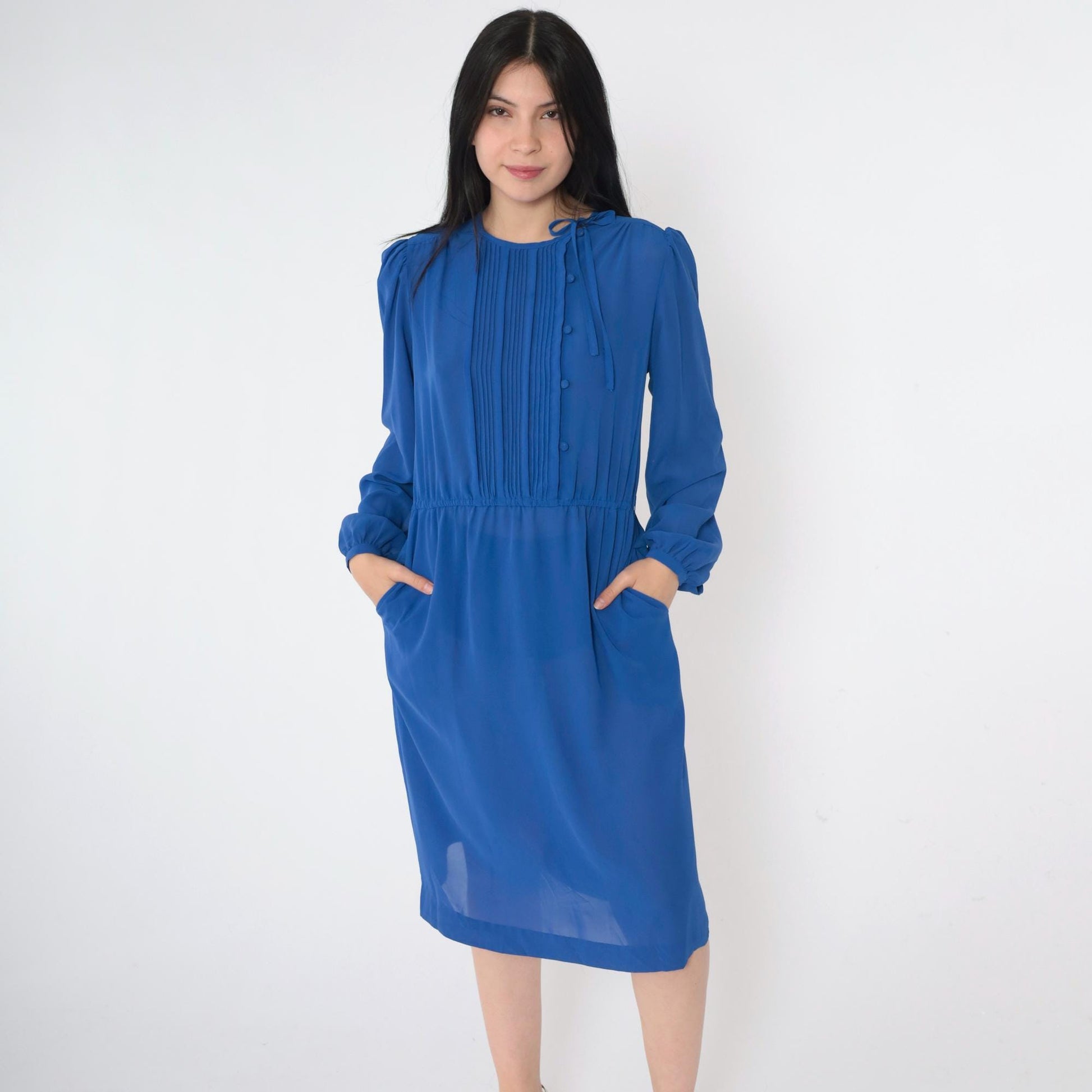 80s Sheer Blue Shirtwaist Midi Dress Puff Sleeve High Waist Small Medium