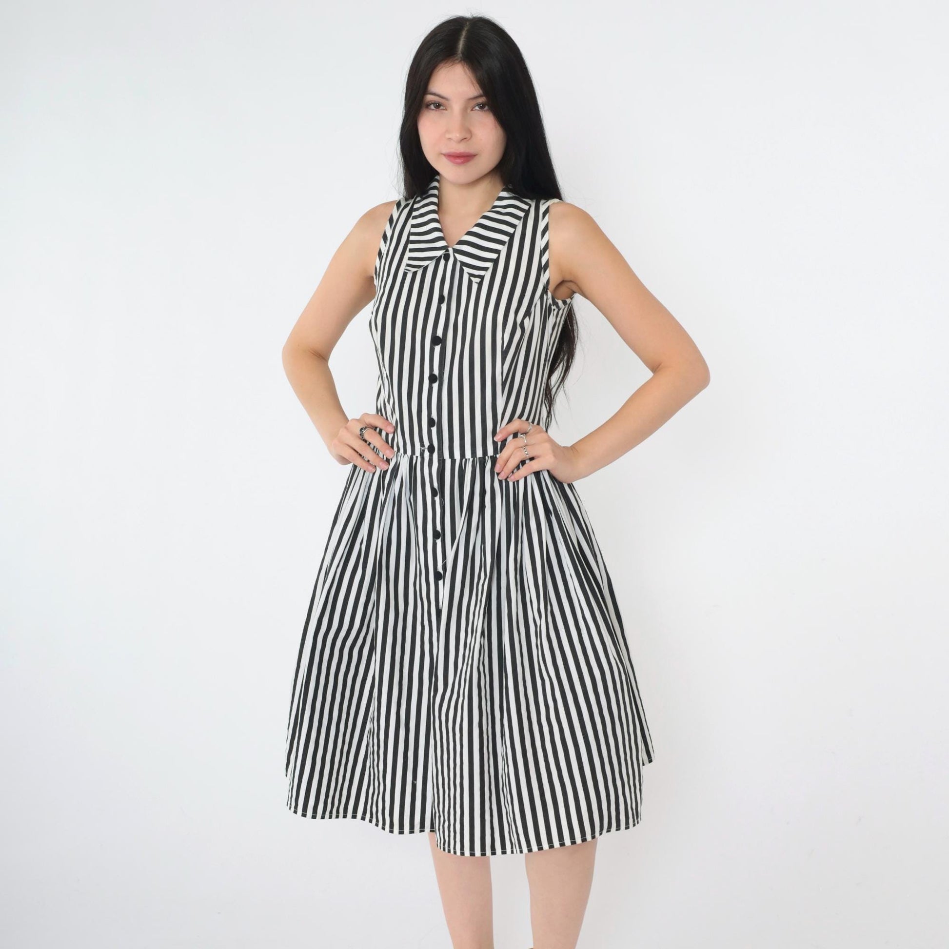 Y2K Black White Striped Shirtdress Knee Length Sleeveless High Waist Extra Small