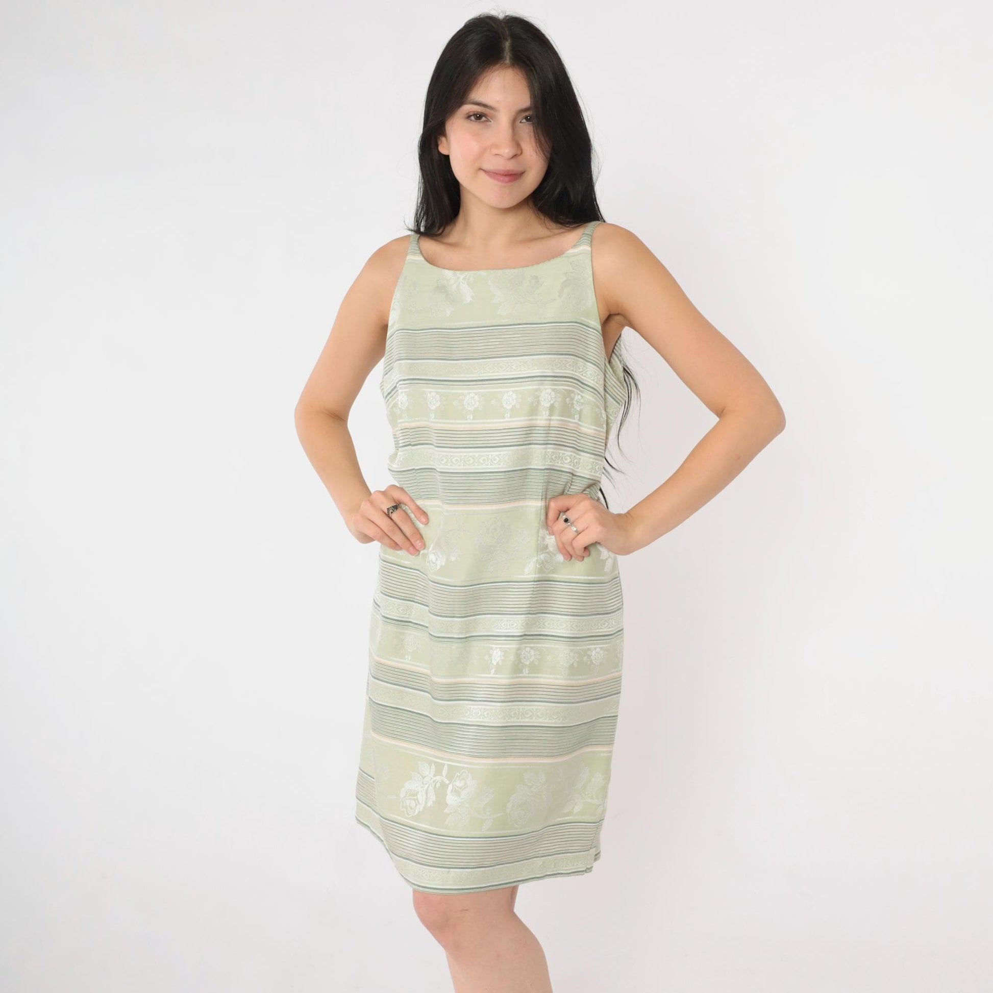 Y2K Fashion Bug Jacquard Mini Dress Light Green Floral Striped Sheath Medium