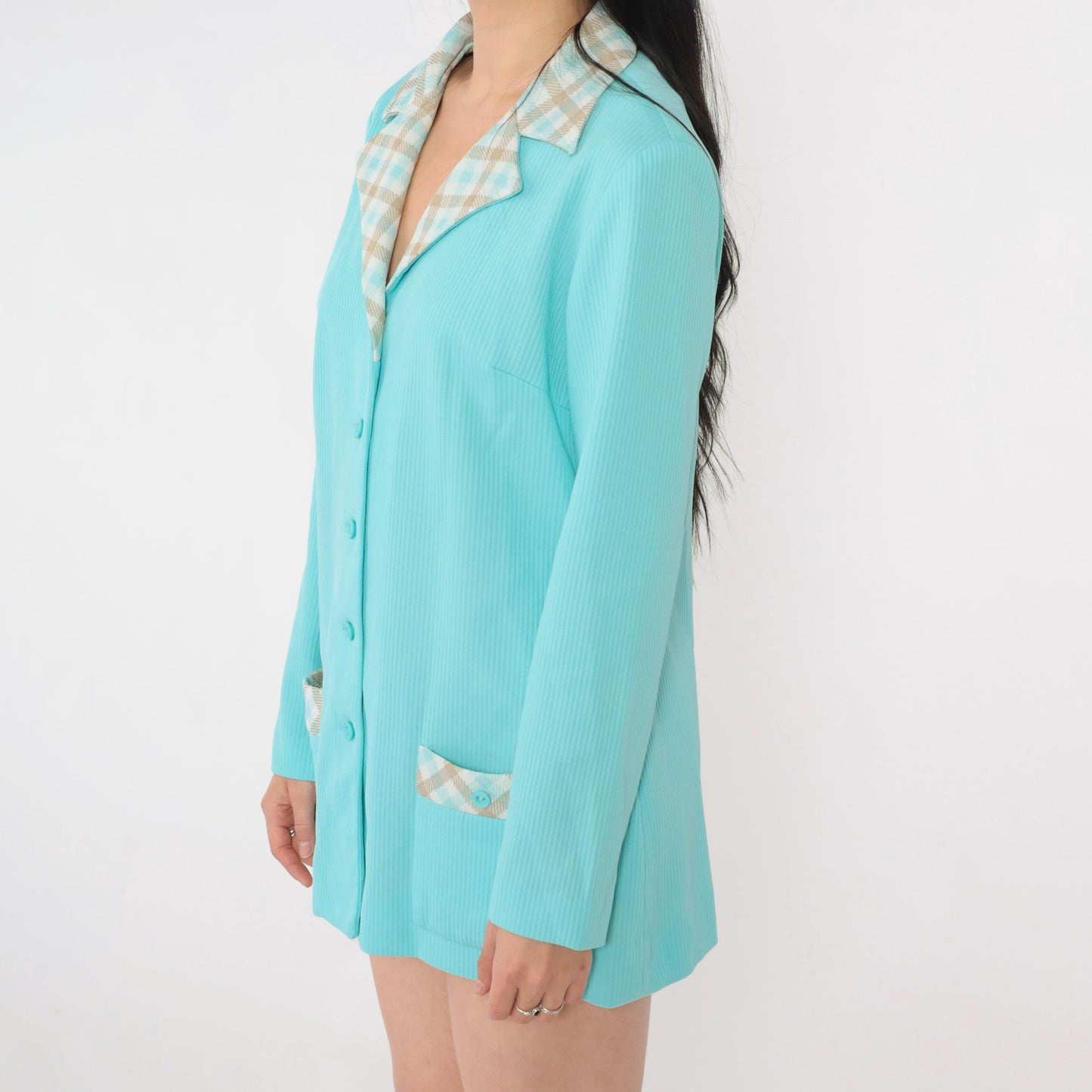 70s Aqua Blue Checkered Collar Blazer Button-Up Jacket Medium