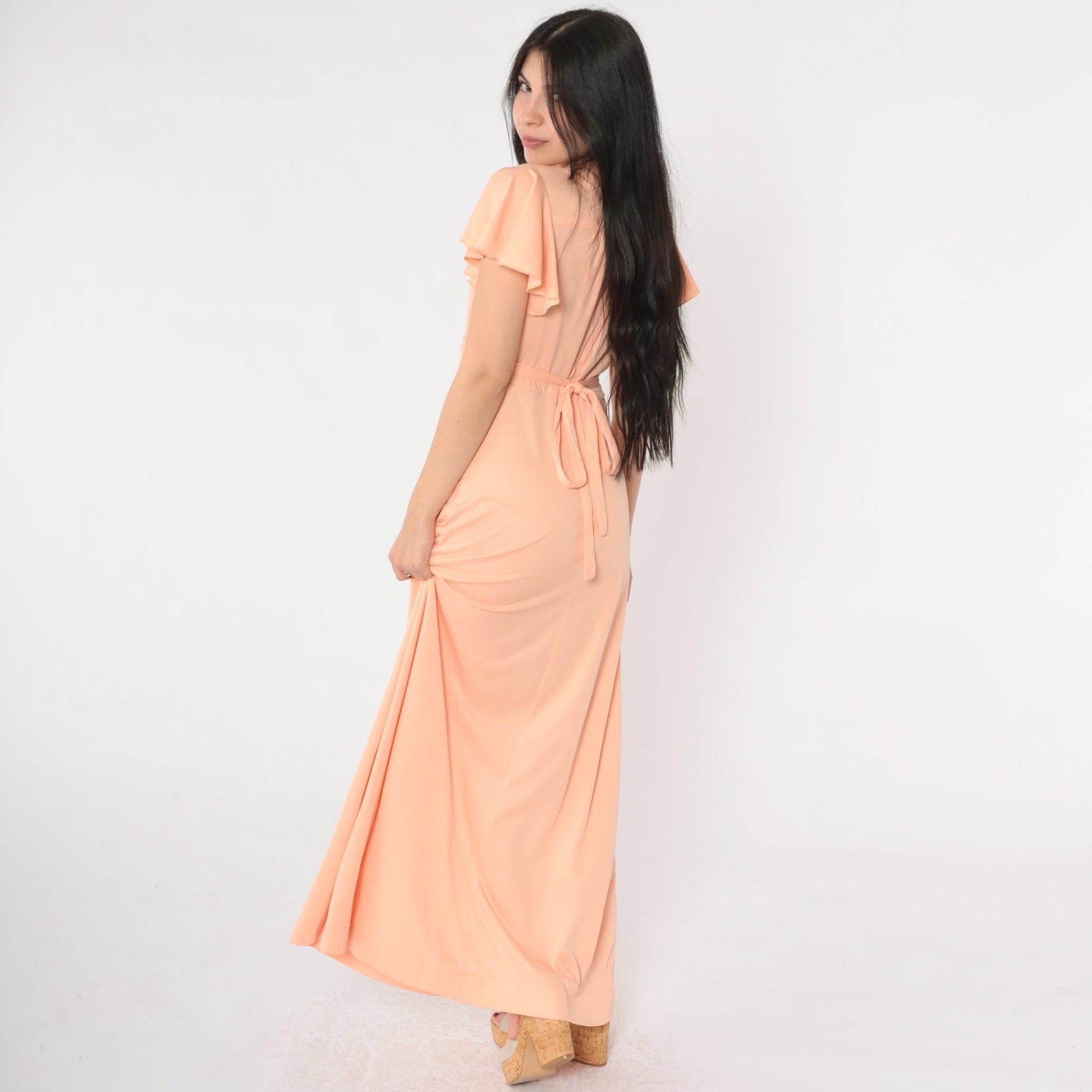 70s Peach Grecian Maxi Dress Flutter Sleeve V-Neck High Waist Small