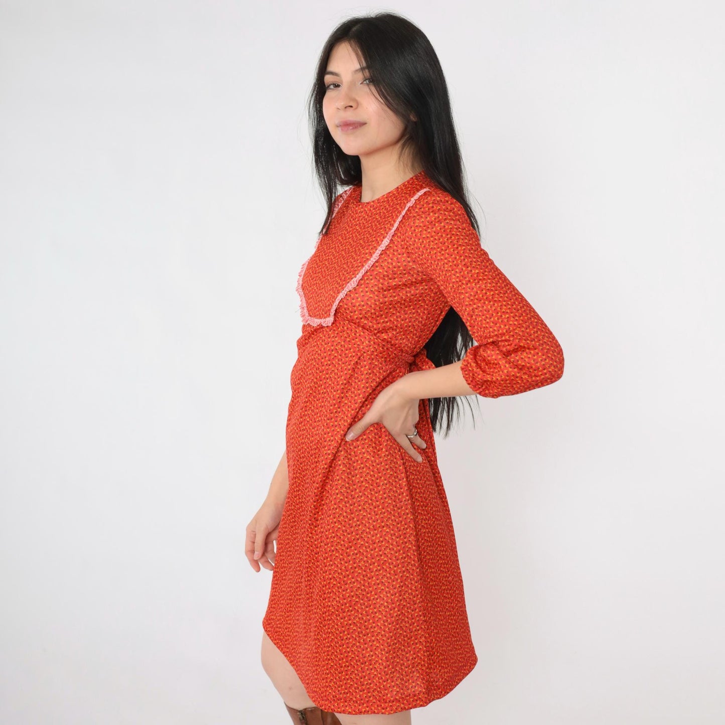 70s Red Calico Floral Empire Waist Mini Dress Lace Bib 3/4 Sleeve Extra Small