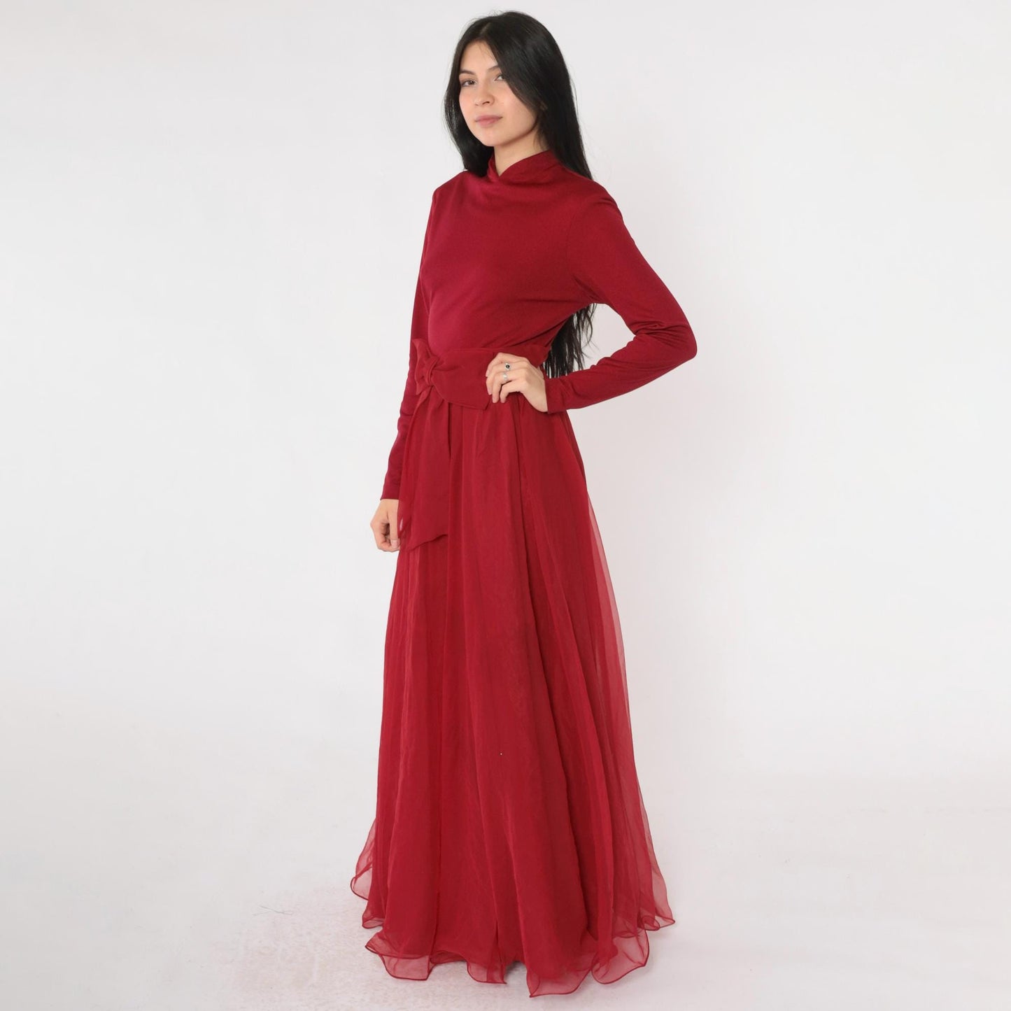 70s Burgundy Chiffon Maxi Dress Bow Waist Long Sleeve Small