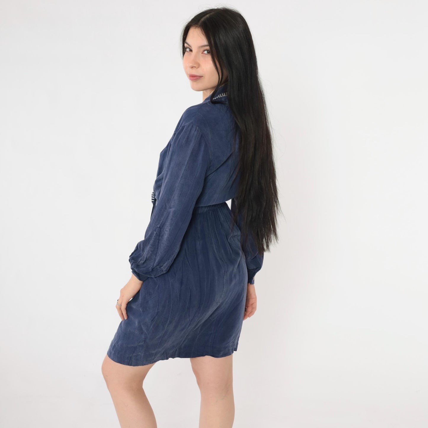 90s Petite Sophisticate Navy Faux Wrap Dress Rayon Shawl Collar Mini Small