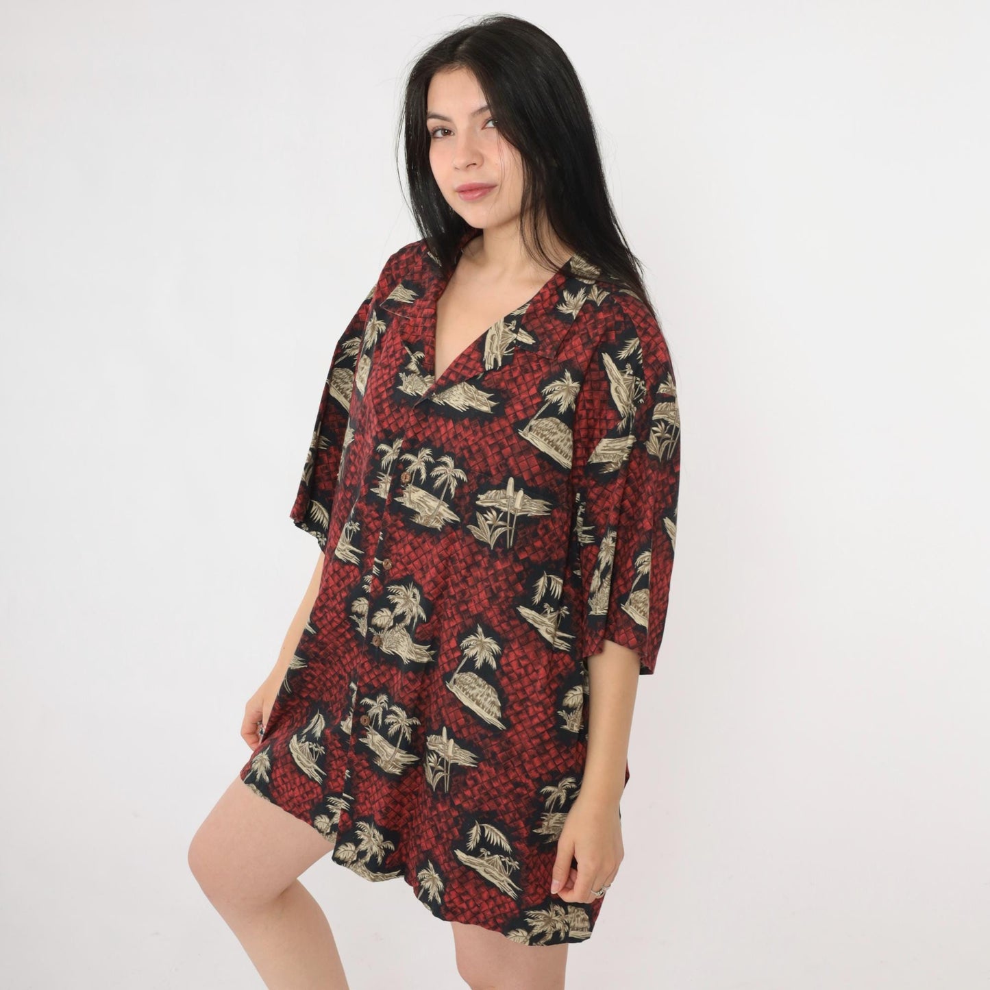 90s Aloha Line Hawaiian Shirt Red Palm Tree Print Button Up XXL