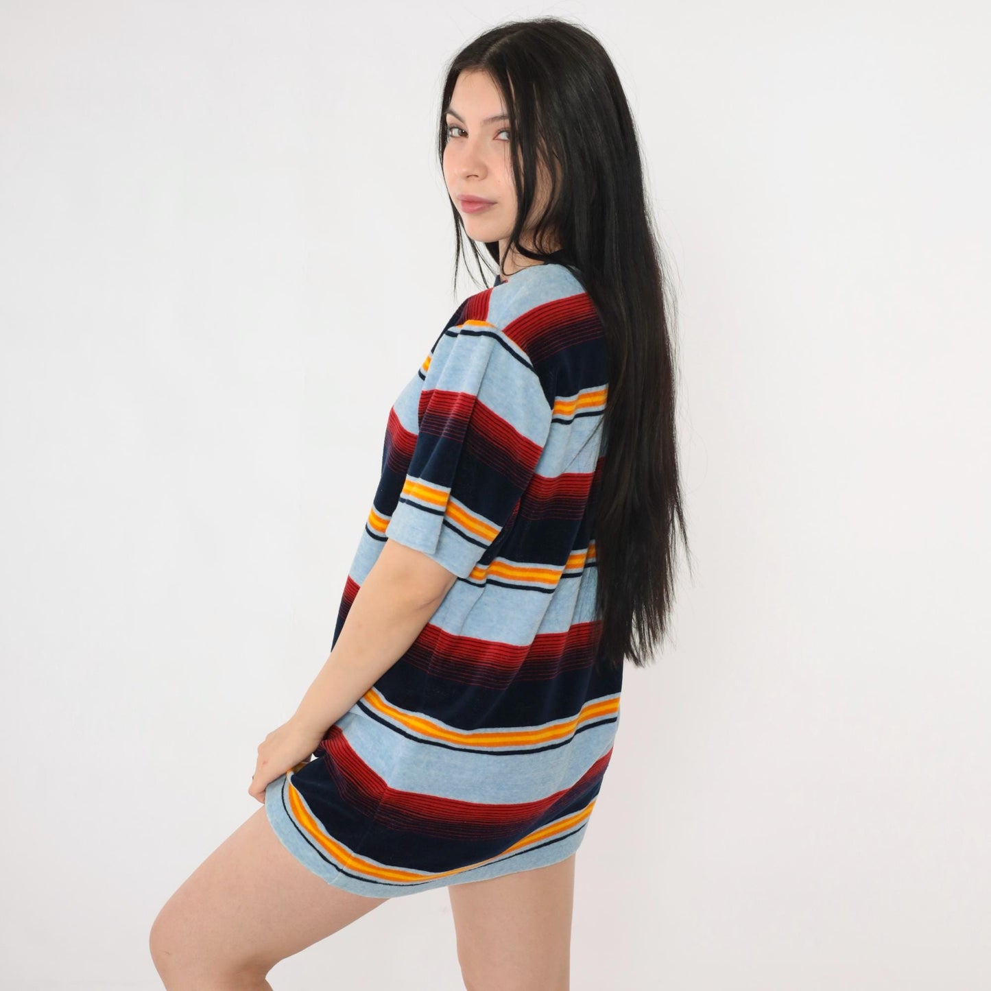 80s Baby Blue Velour Ringer Tee Multicolor Striped Crewneck Medium M