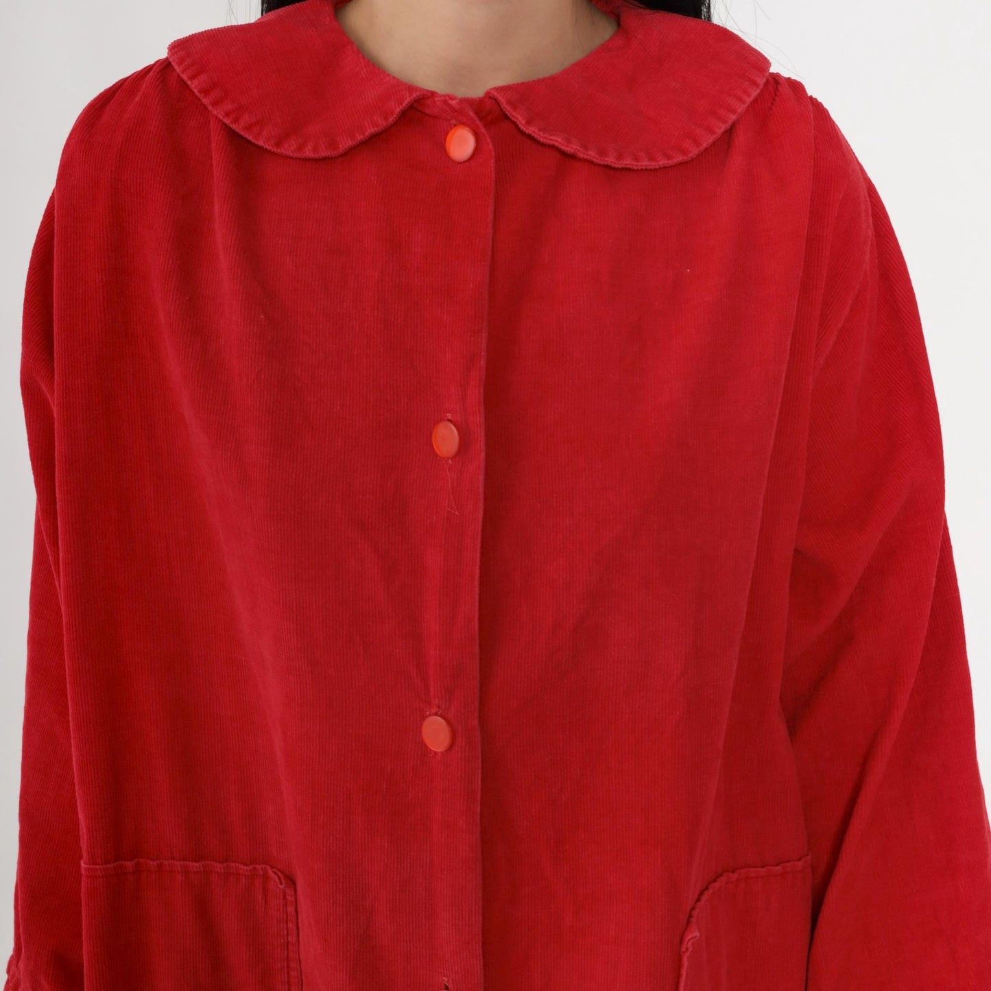 60s Red Corduroy Mini Dress Peter Pan Collar Button Front Shift Medium