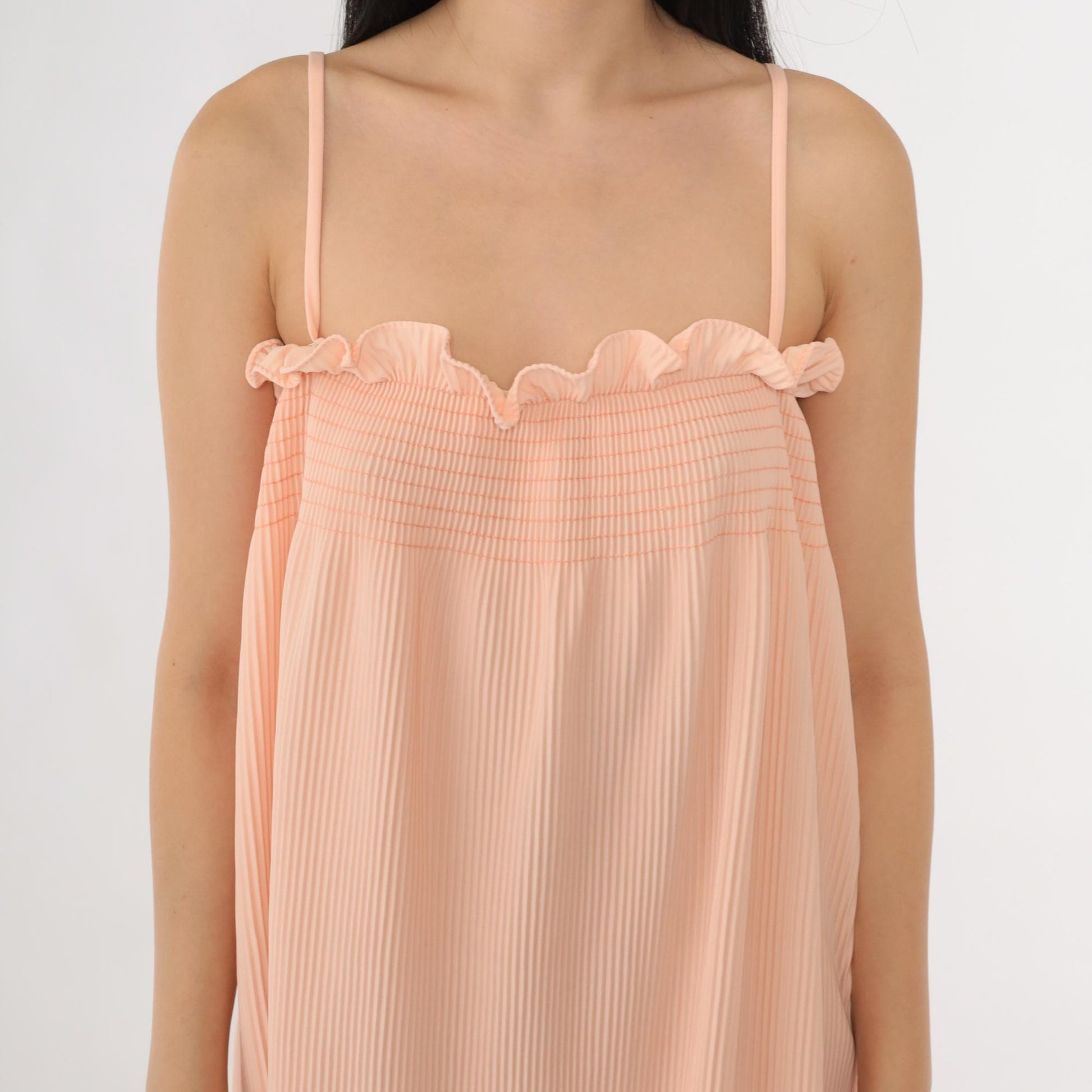 70s Peach Maxi Sundress Smocked Knife Pleated Spaghetti Strap Small Medium