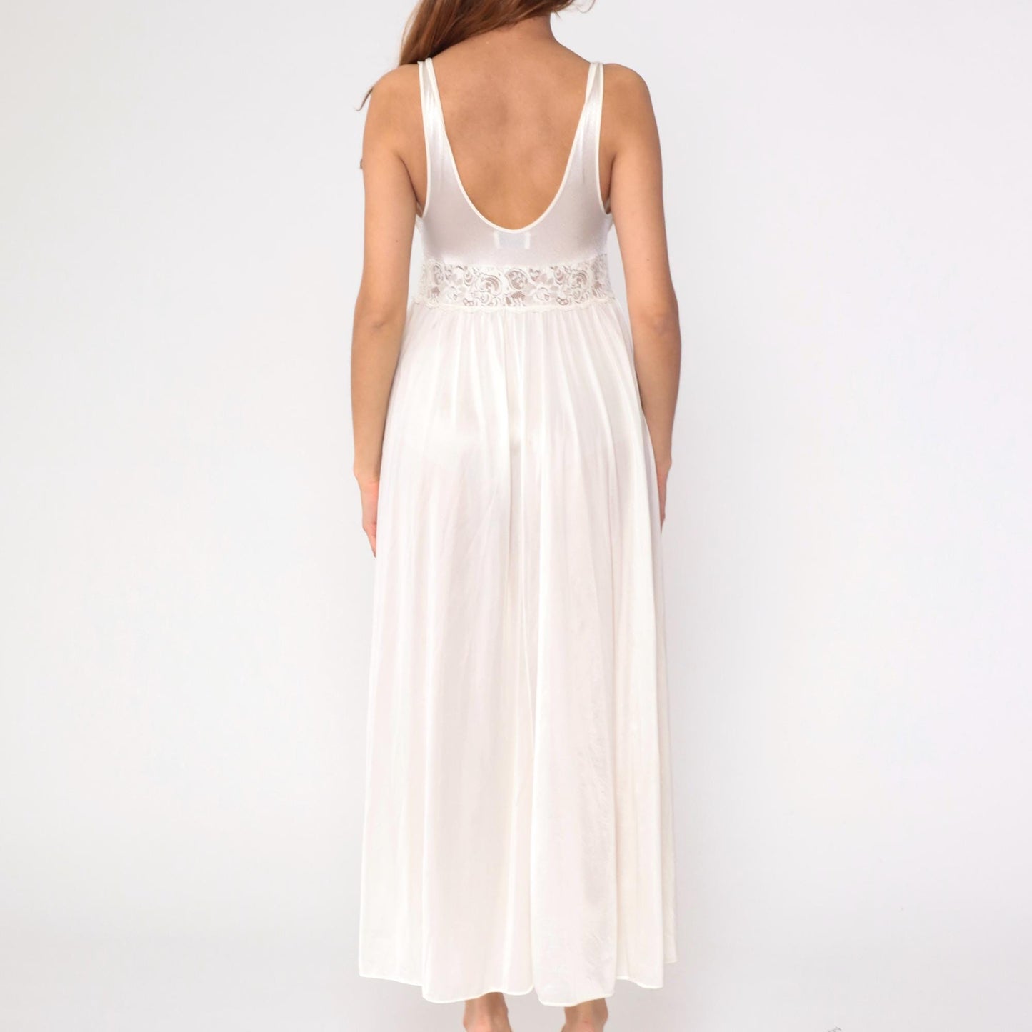 80s Shadowline White Lace Maxi Nightgown Sheer V-Neck Sleeveless Small