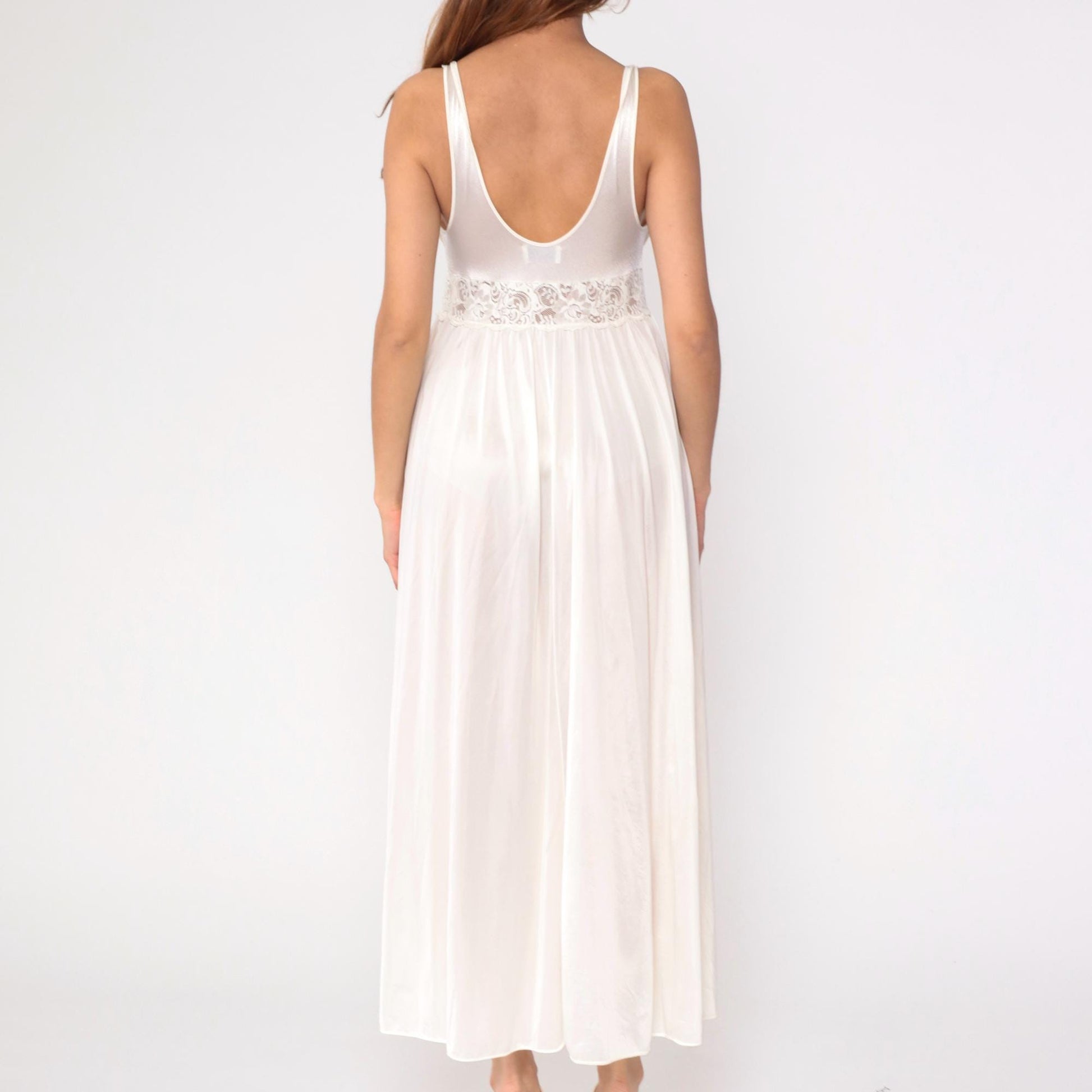 80s Shadowline White Lace Maxi Nightgown Sheer V-Neck Sleeveless Small