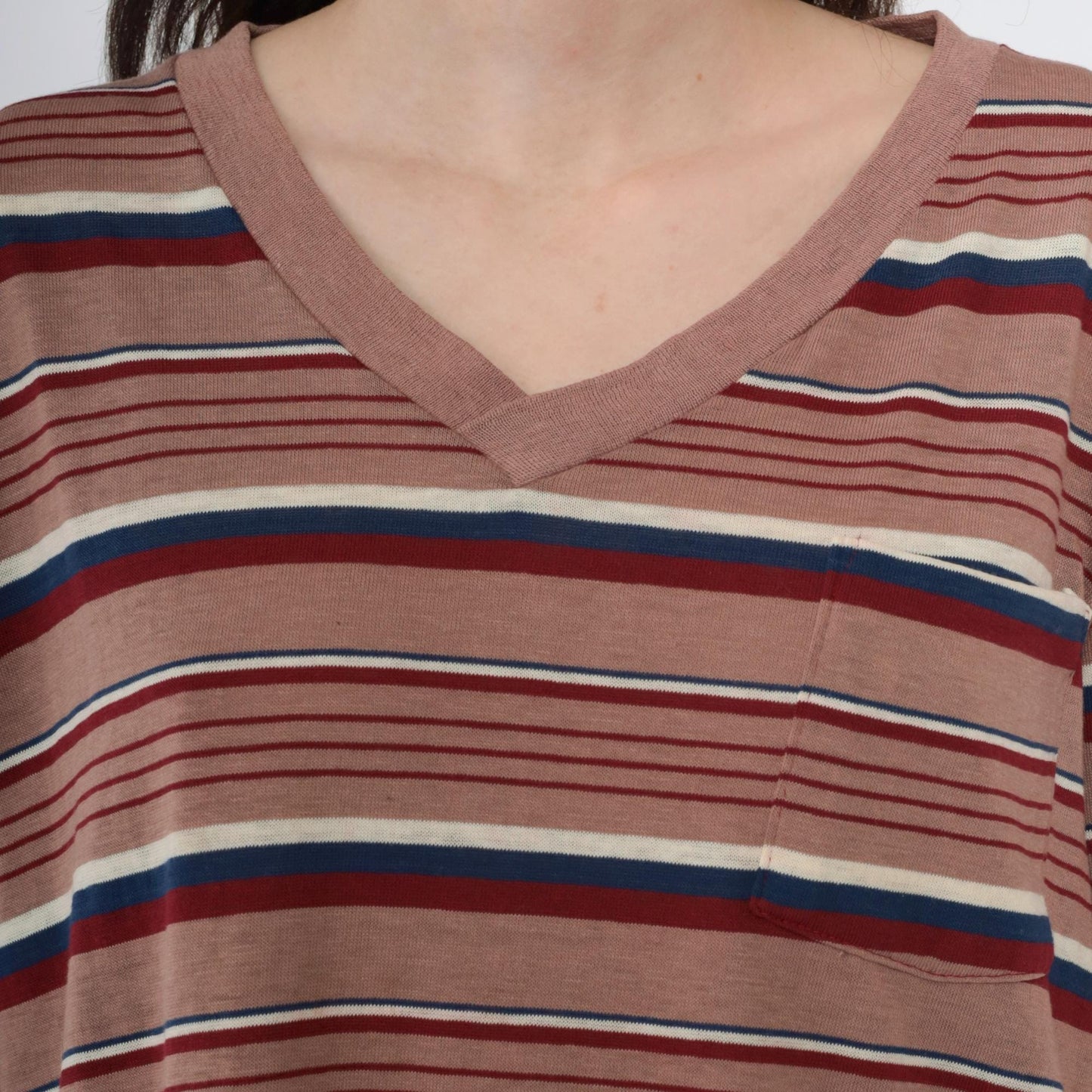 80s Striped V-Neck Tee Brown Red Navy Pocket T-Shirt Large L