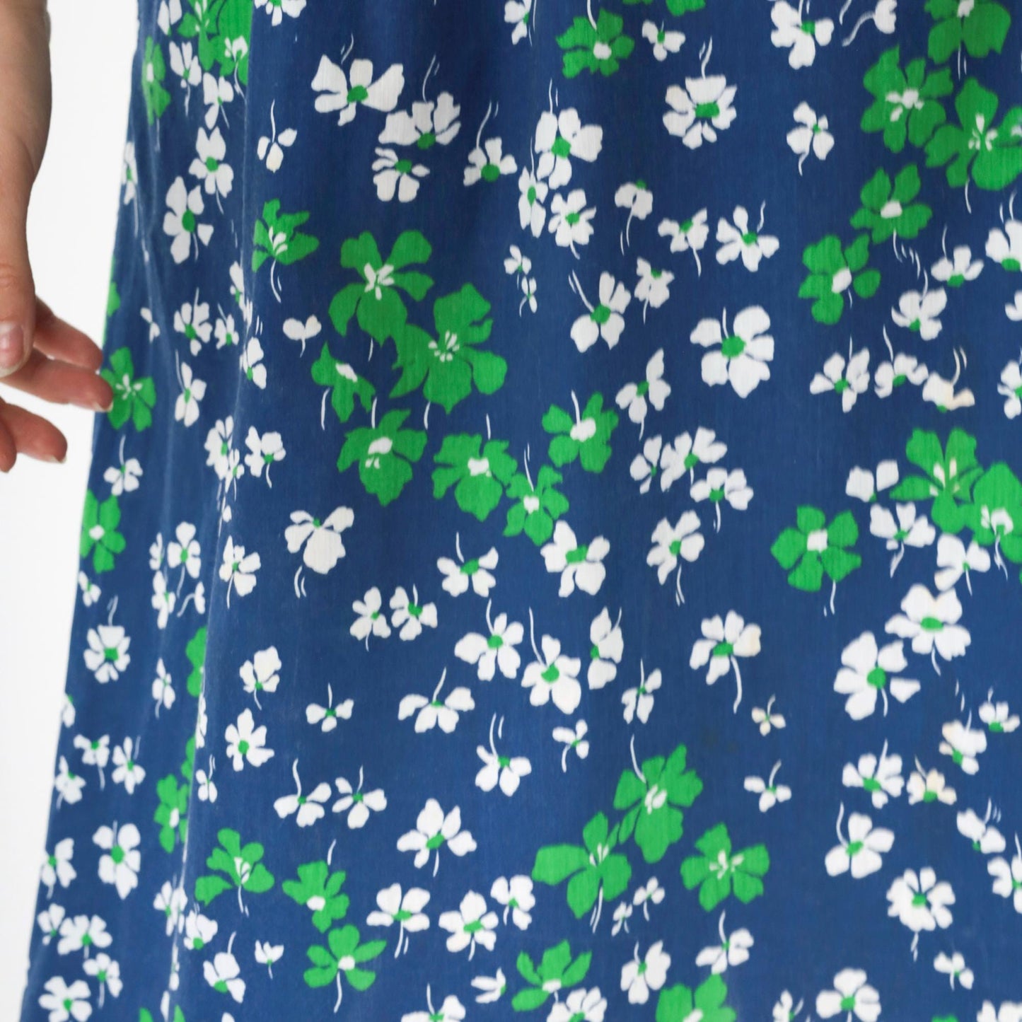70s Blue Floral Midi Sundress Smocked High Waist Spaghetti Straps Medium