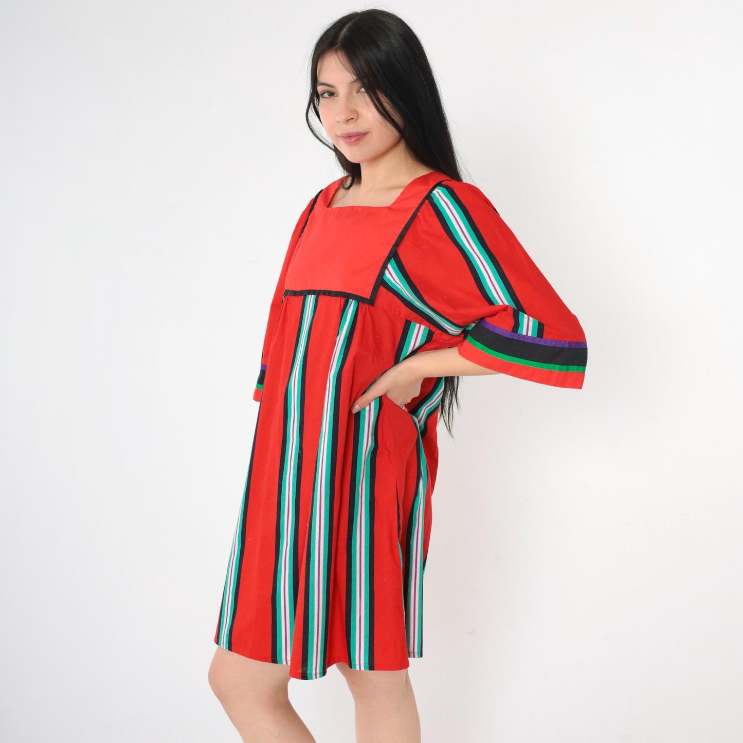 70s Liberty House Hawaiian Mini Dress Red Striped Tent Cut Medium