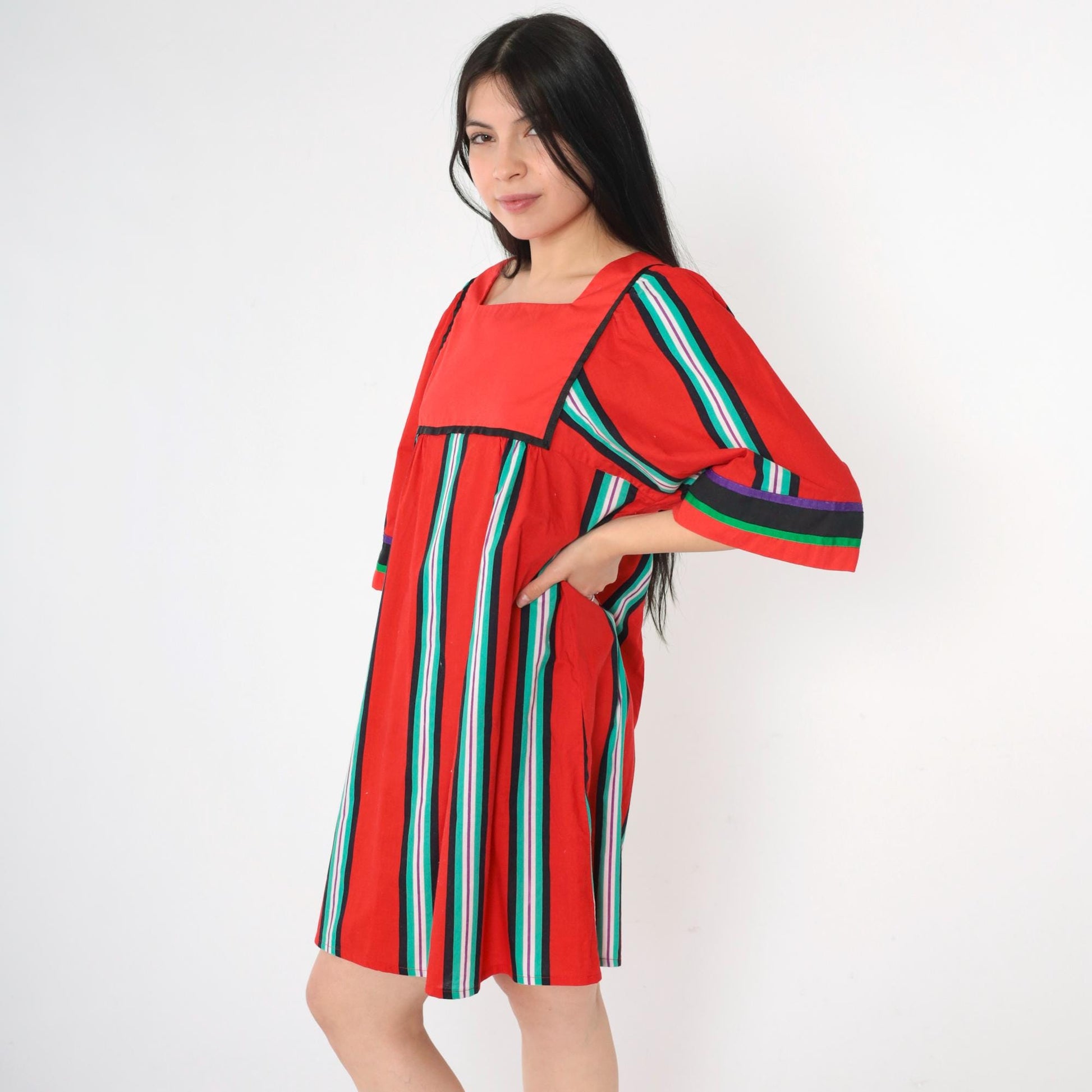 70s Liberty House Hawaiian Mini Dress Red Striped Tent Cut Medium