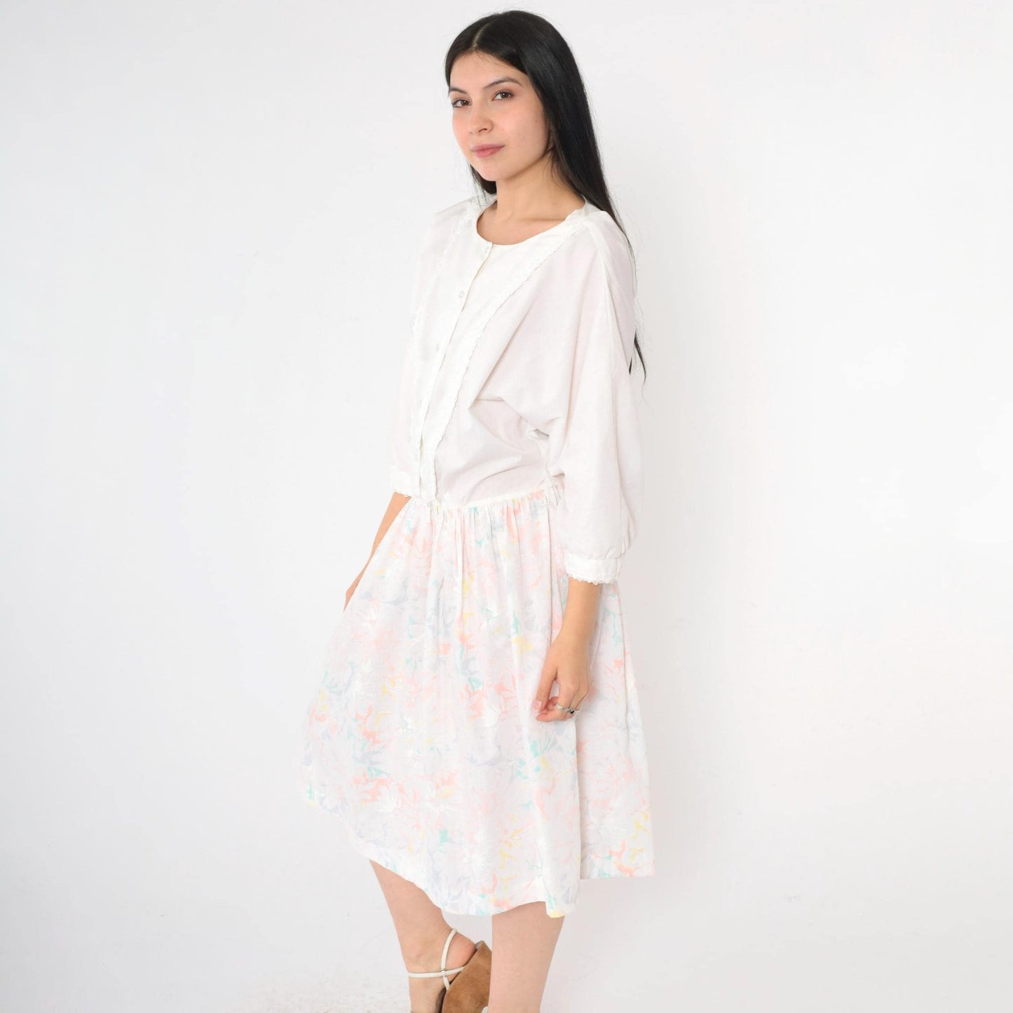 80s White Floral Midi Shirtdress Lace Trim High Waist Button Front Large L