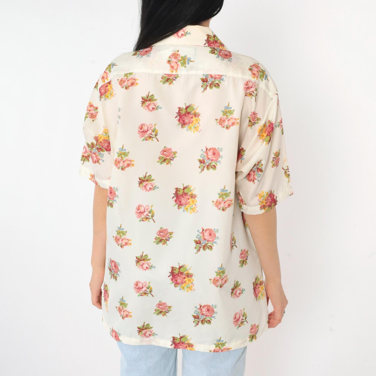 70s Pink Floral Rose Print Button Up Shirt Dagger Collar Men's Large