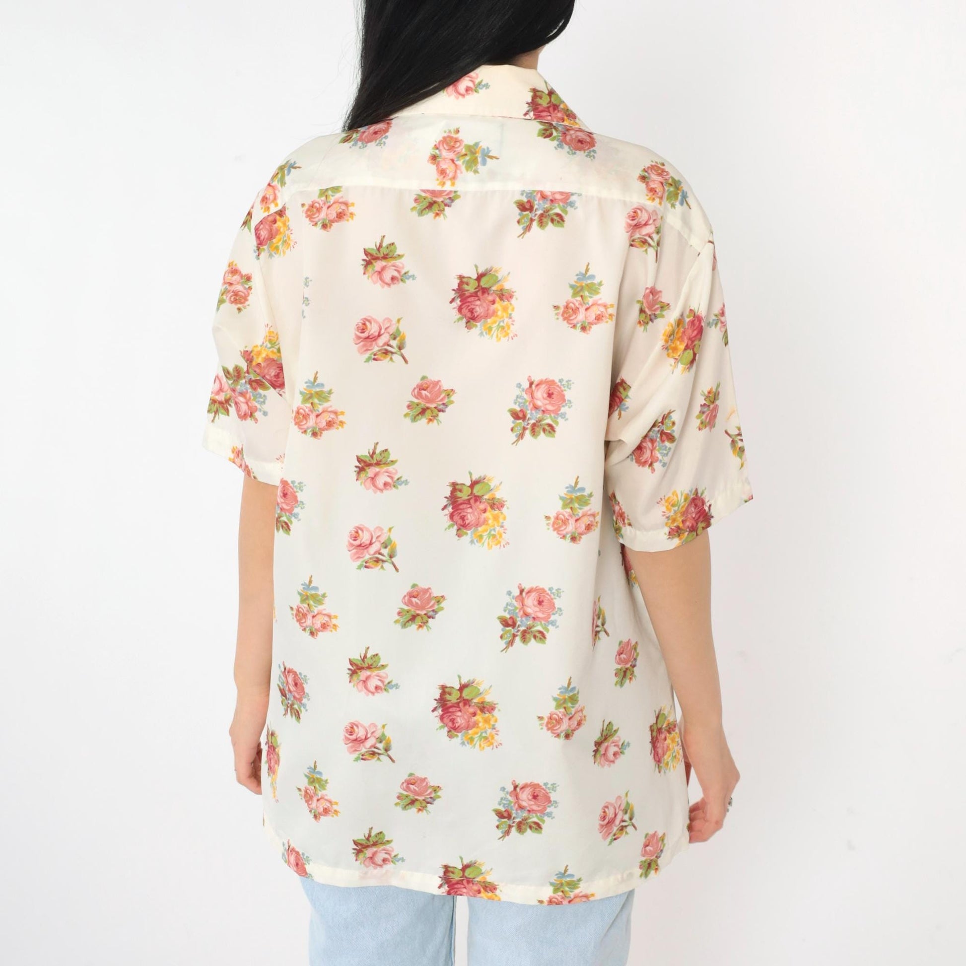 70s Pink Floral Rose Print Button Up Shirt Dagger Collar Men's Large