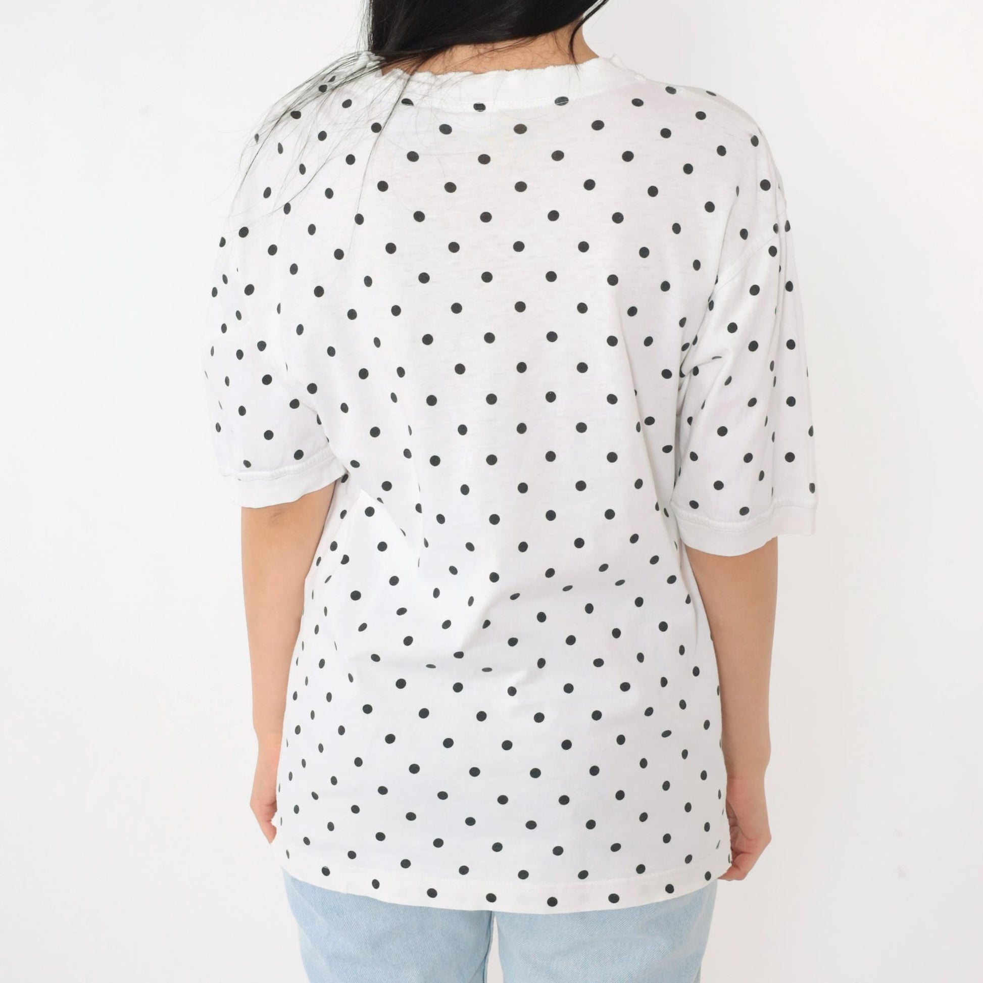 90s IZOD Polka Dot Cotton T-Shirt White Black Floral Pocket Medium M