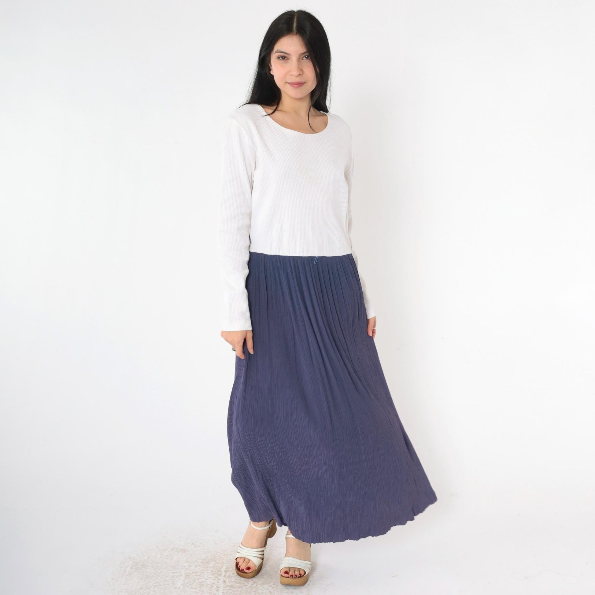 90s Two Tone Maxi Dress Blue White Long Sleeve Low Waist Large 12