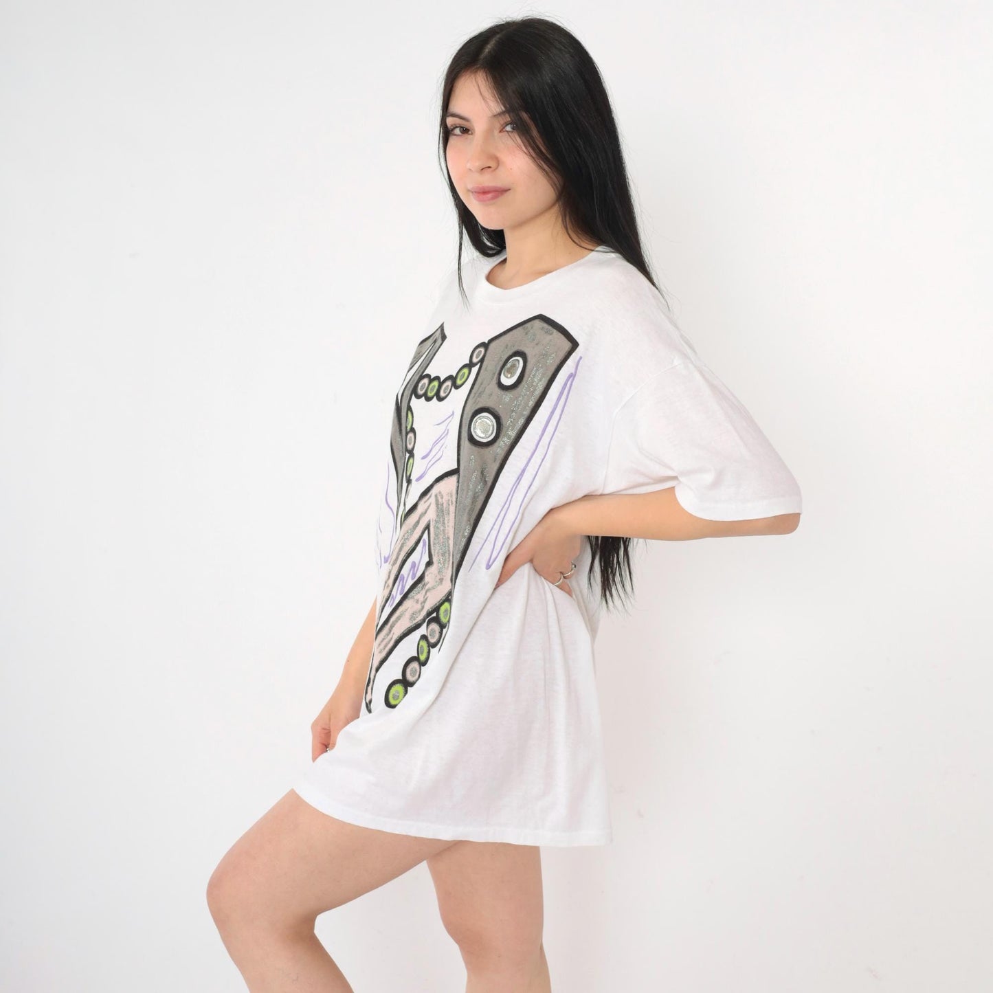 90s Abstract Geometric Glitter Paint T-Shirt White Single Stitch Large L