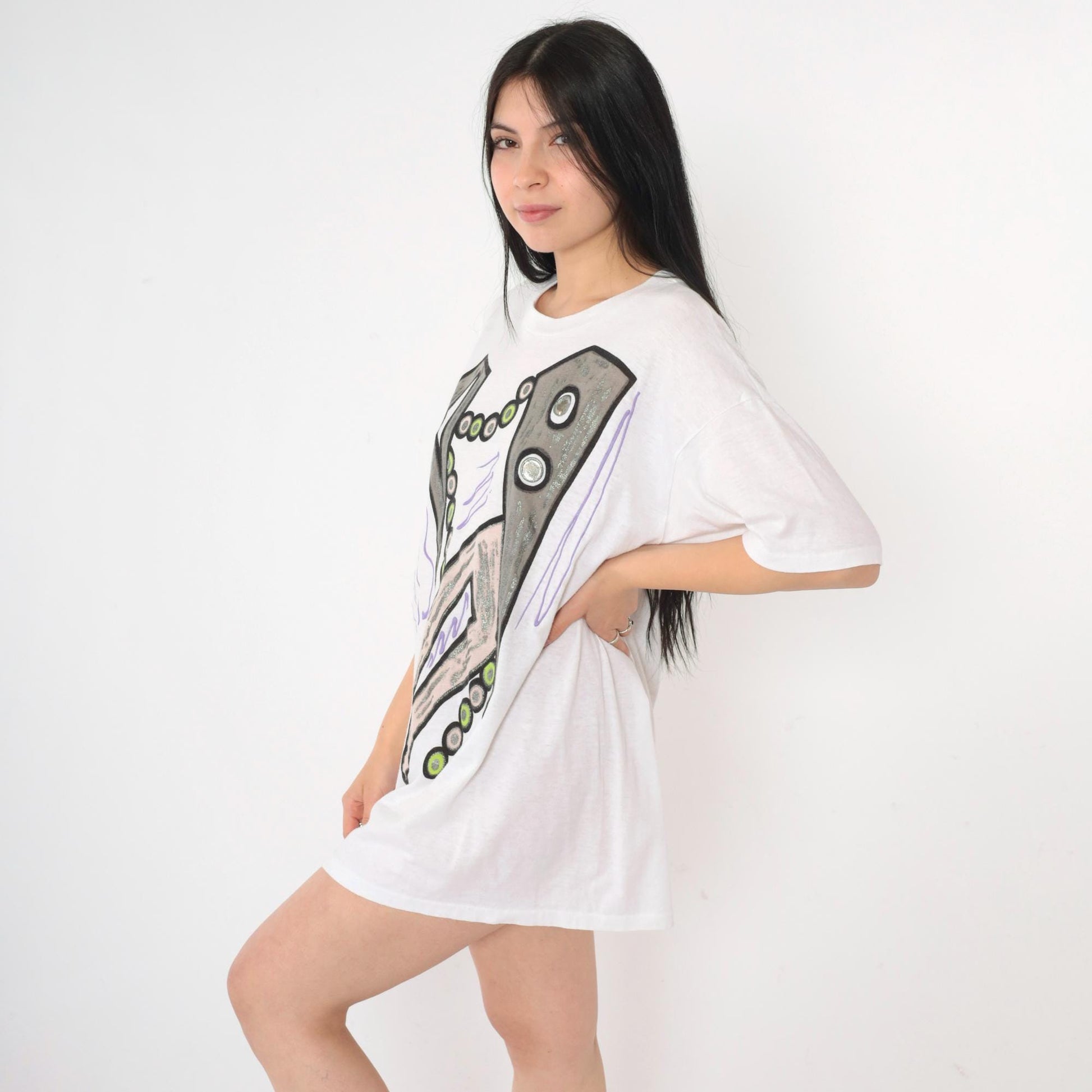 90s Abstract Geometric Glitter Paint T-Shirt White Single Stitch Large L