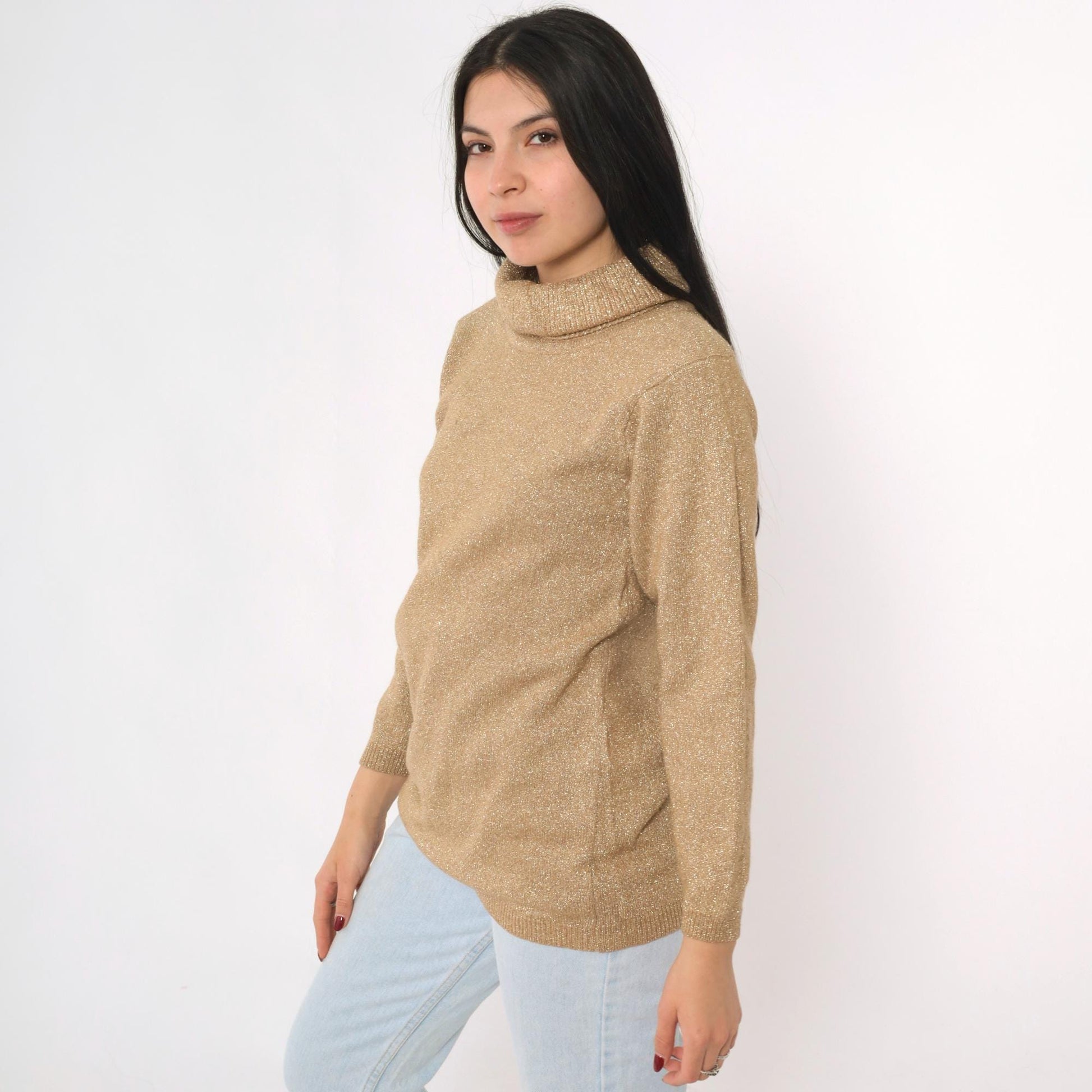 90s Jeanne Pierre Metallic Gold Turtleneck Sweater Small S