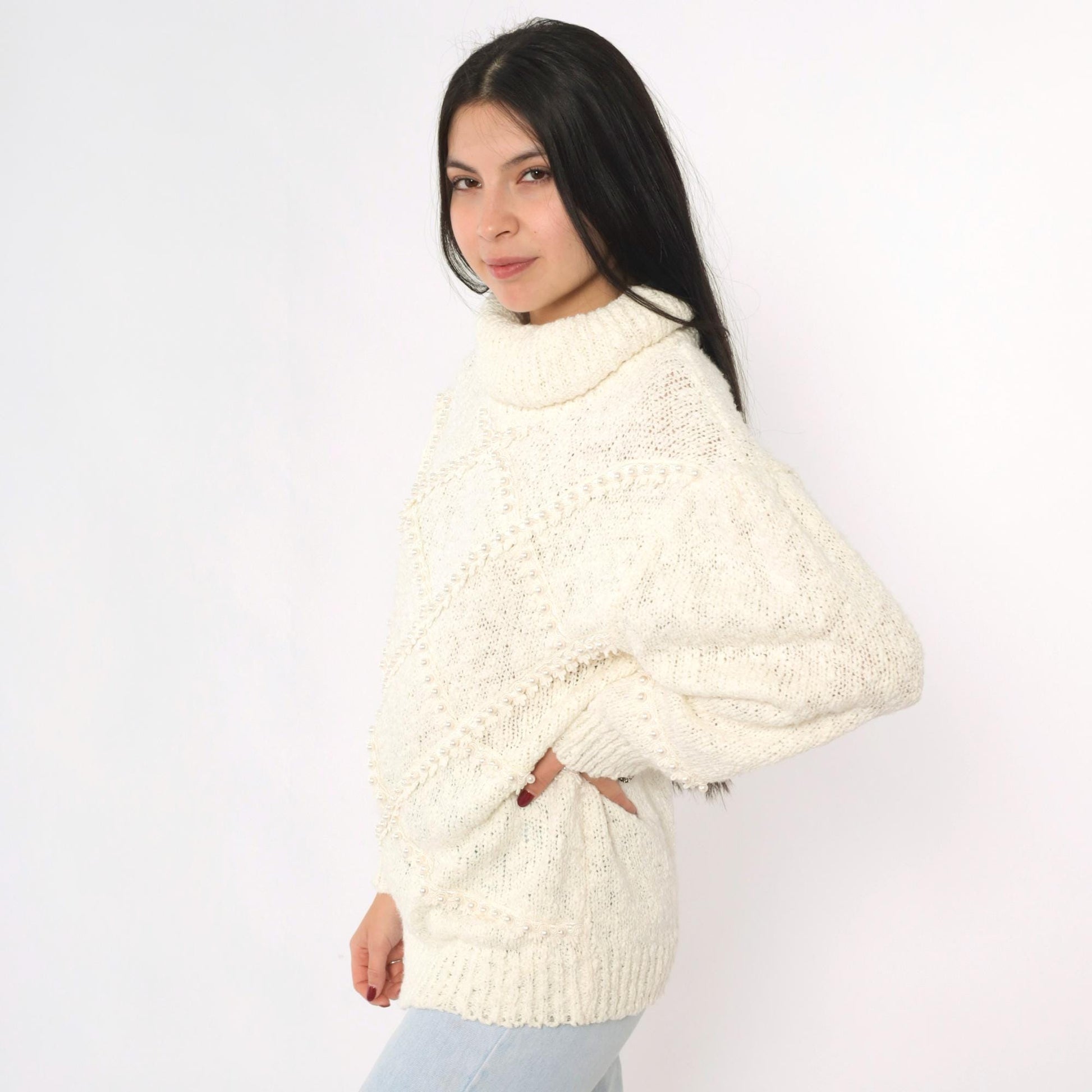 80s Bonnie and Bill Cream Pearl Beaded Turtleneck Sweater Medium