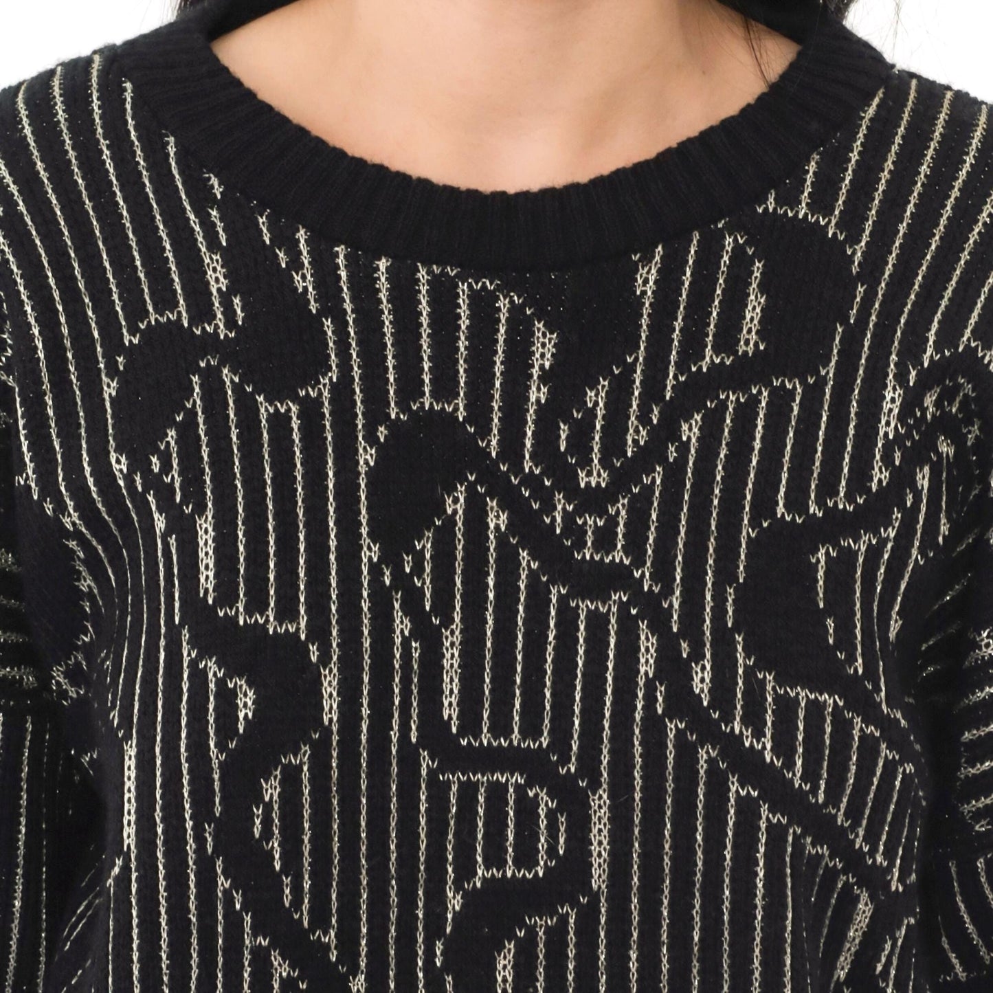 80s Black Metallic Striped Sweater Silver Abstract Knit Small Medium