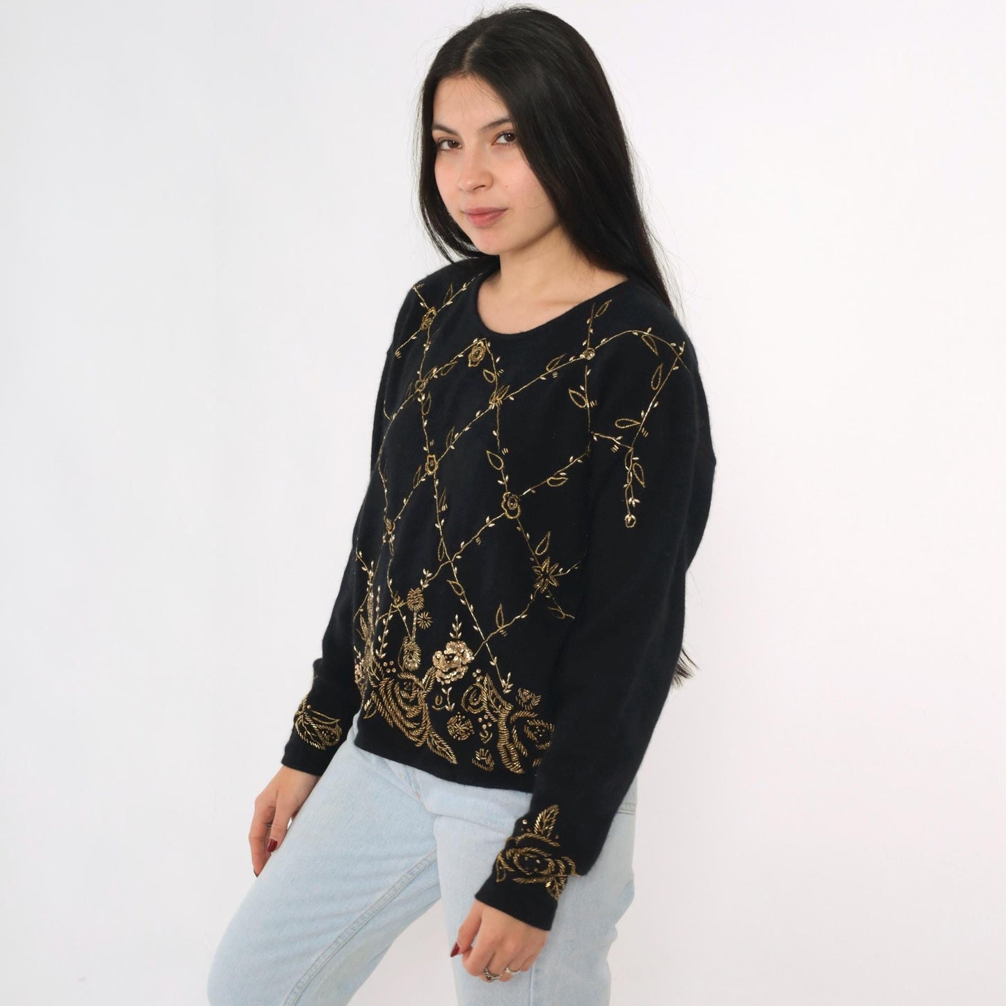 80s Cervelle Black Sequin Wool Angora Sweater Gold Floral Beaded Medium M