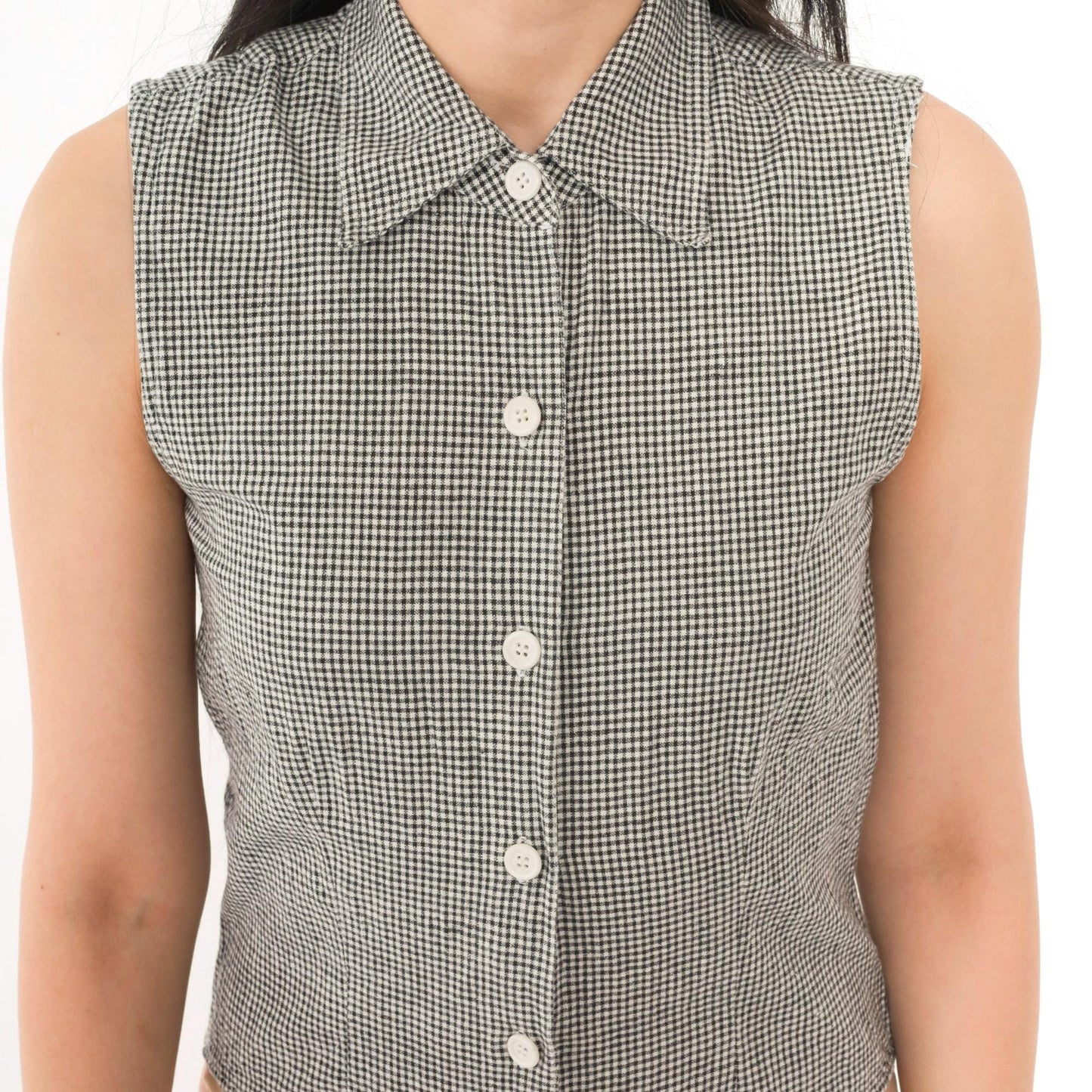 90s DKNY Gingham Bodysuit Sleeveless Collared Button-Up Black White XS