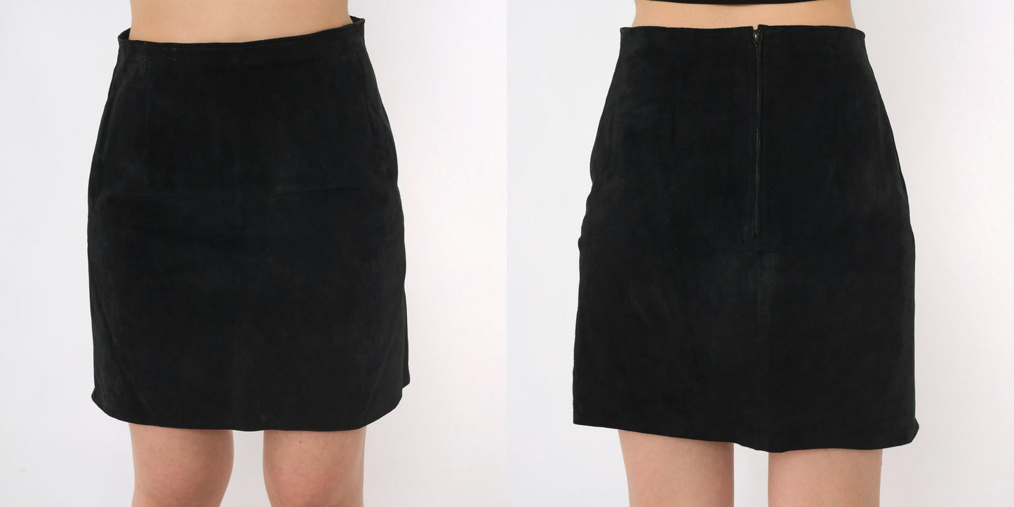90s Contempo Casuals Black Suede Mini Skirt High Waist Pencil Small S