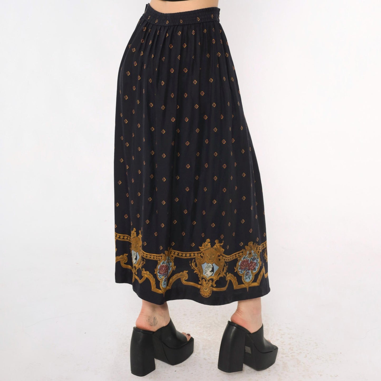 80s Chaus Navy Rayon Midi Skirt Baroque Cameo Print Elastic Waist Small