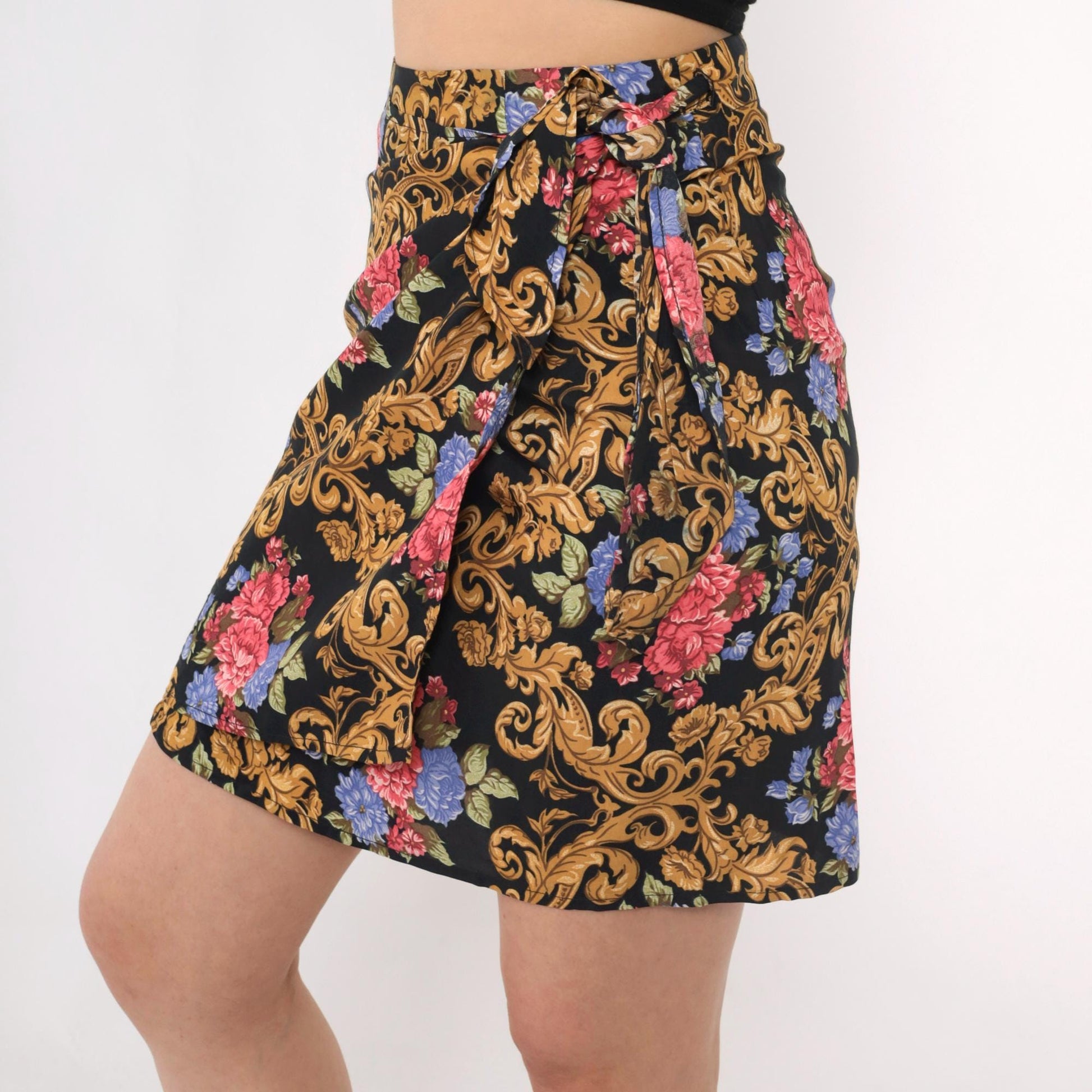 90s Baroque Floral Wrap Mini Skirt Black Gold Pink High Waisted XS