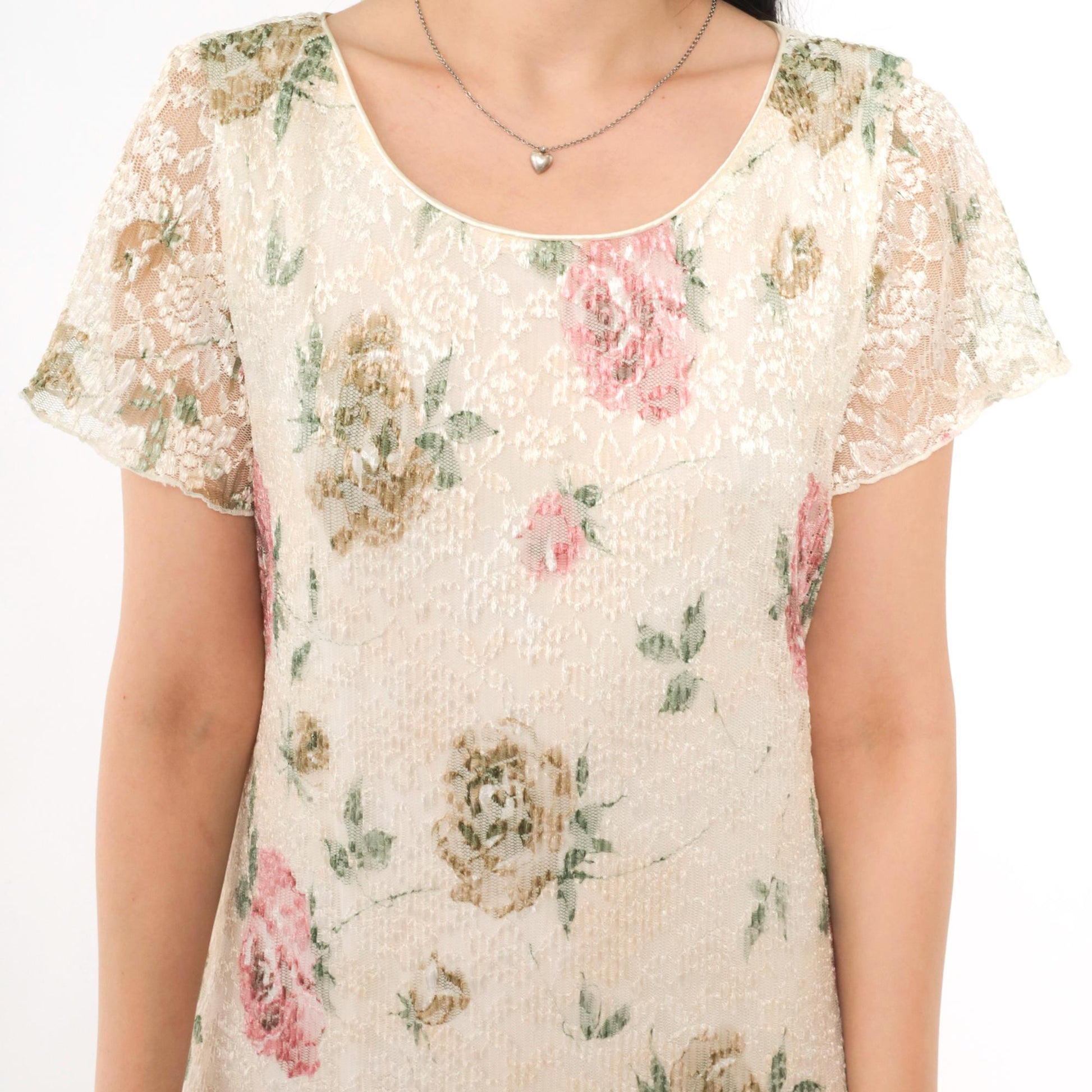90s Ronni Nicole Cream Lace Maxi Dress Floral Print Short Sleeve Medium