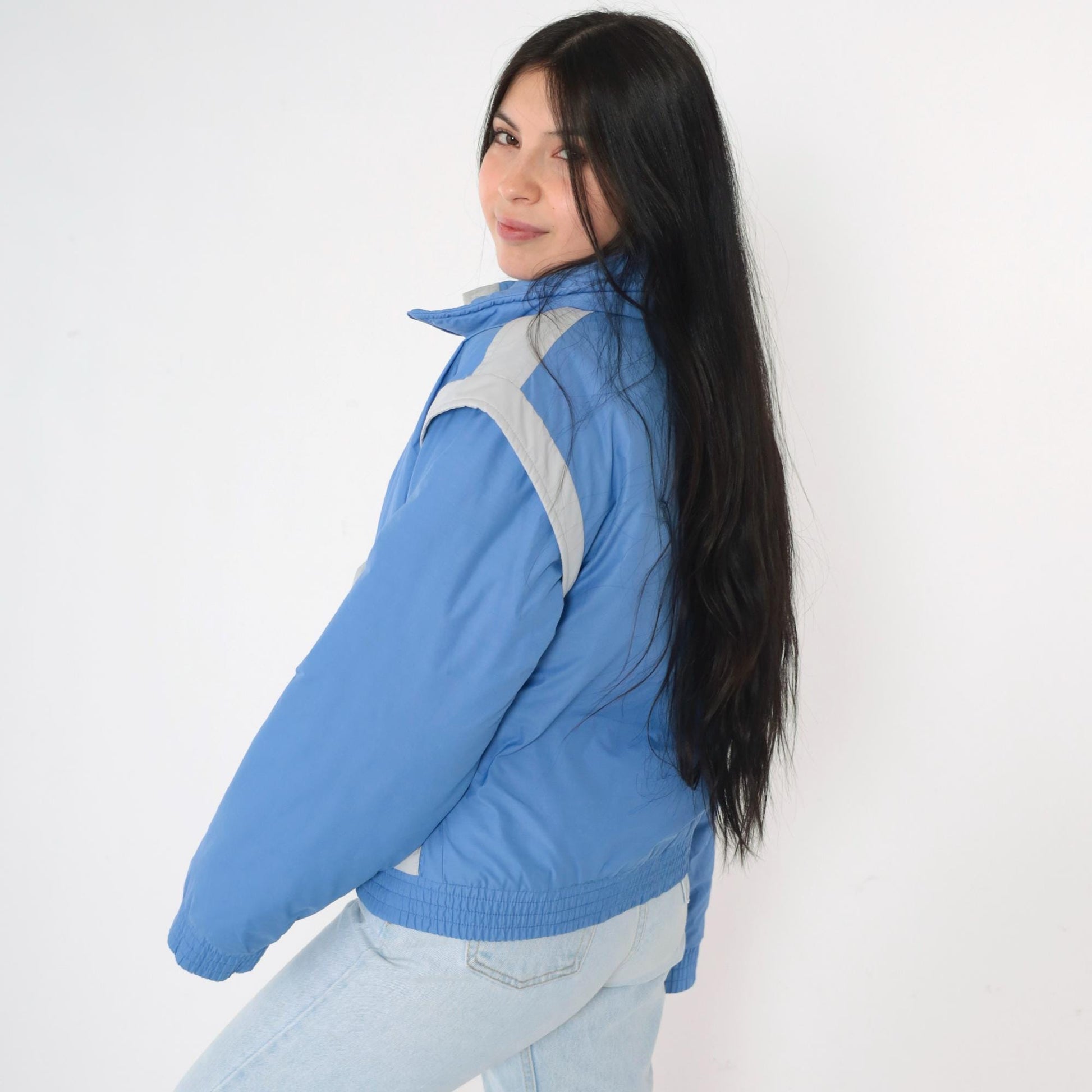80s Prima Blue Grey Color Block Puffer Ski Jacket Zip Snap Medium M