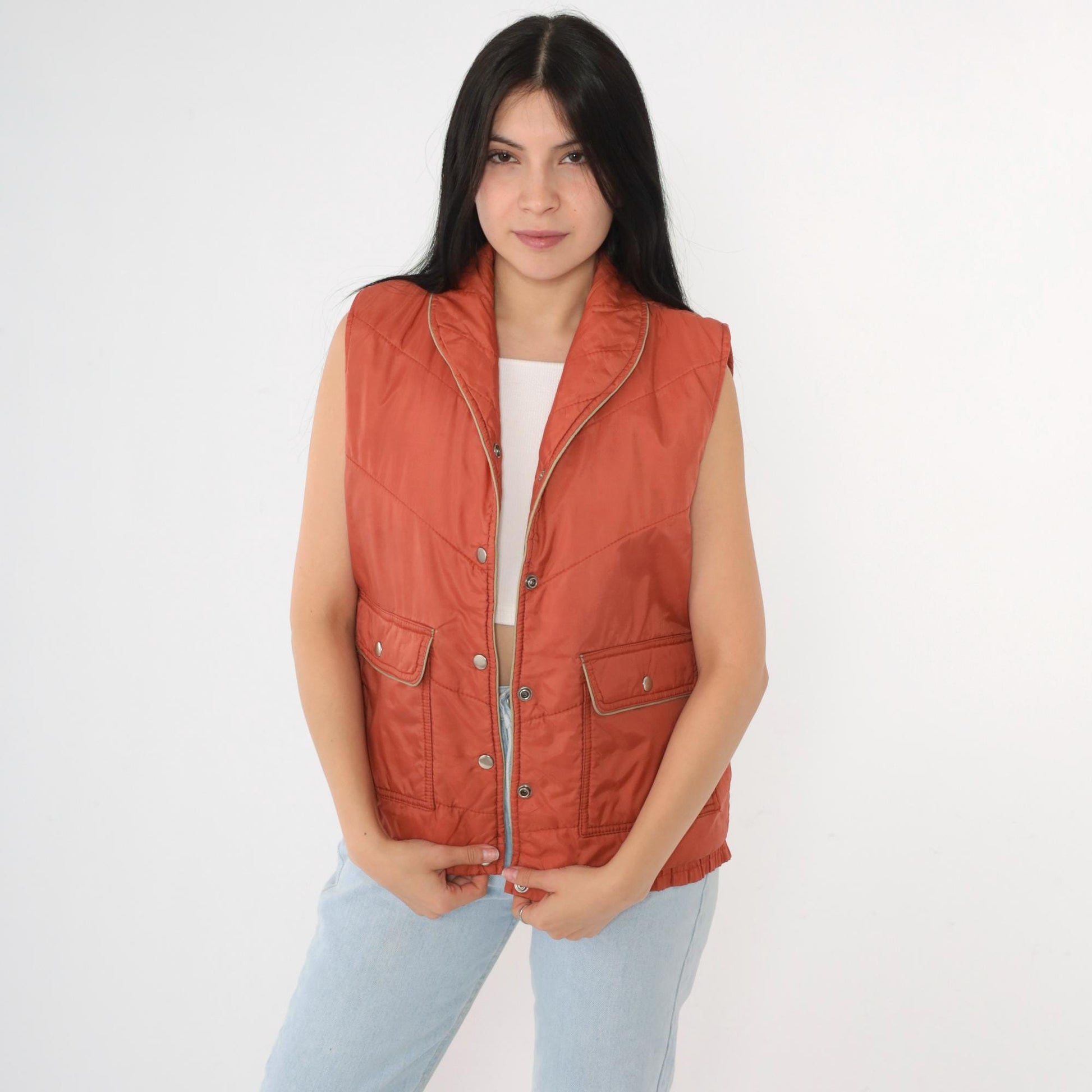 80s Rust Puffer Vest Chevron Stitching Snap Closure Sleeveless Medium M