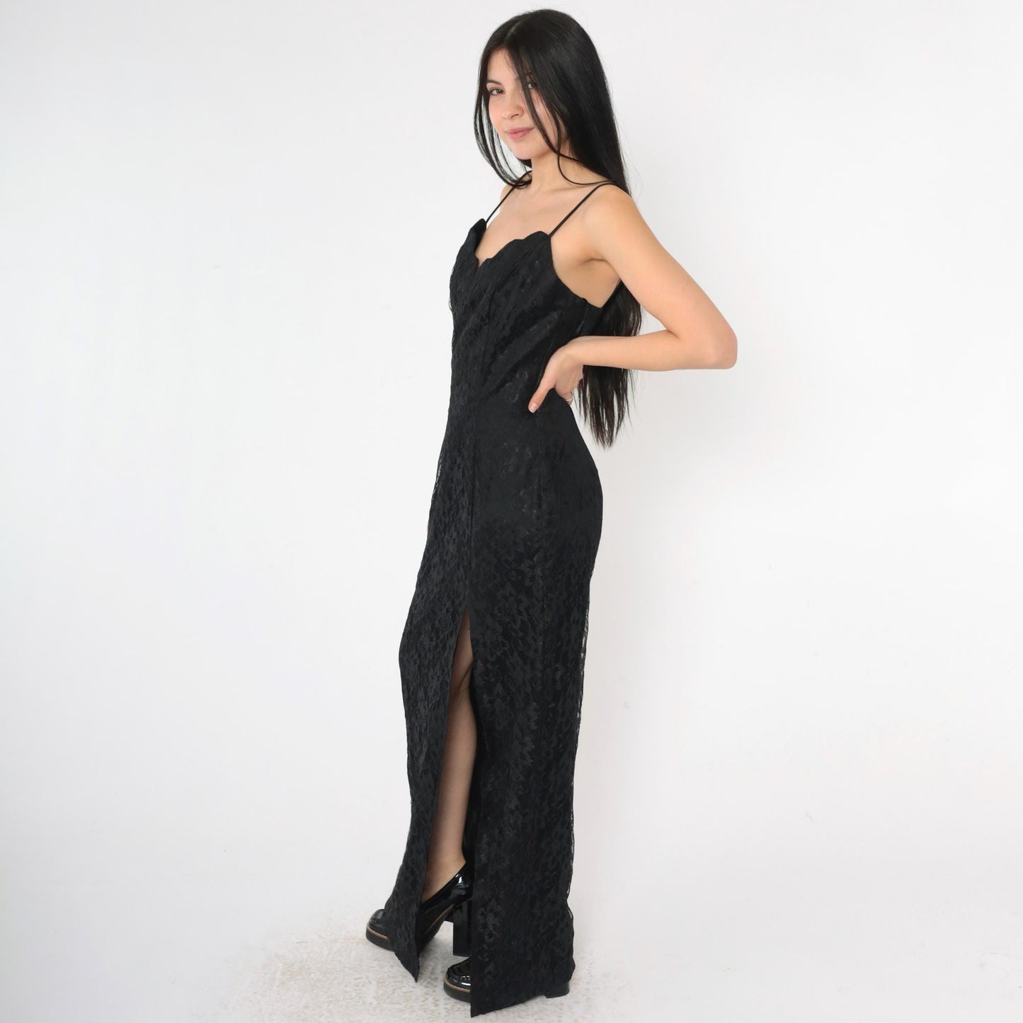 90s Black Lace Maxi Dress Sweetheart Neckline High Slit Spaghetti Strap Small