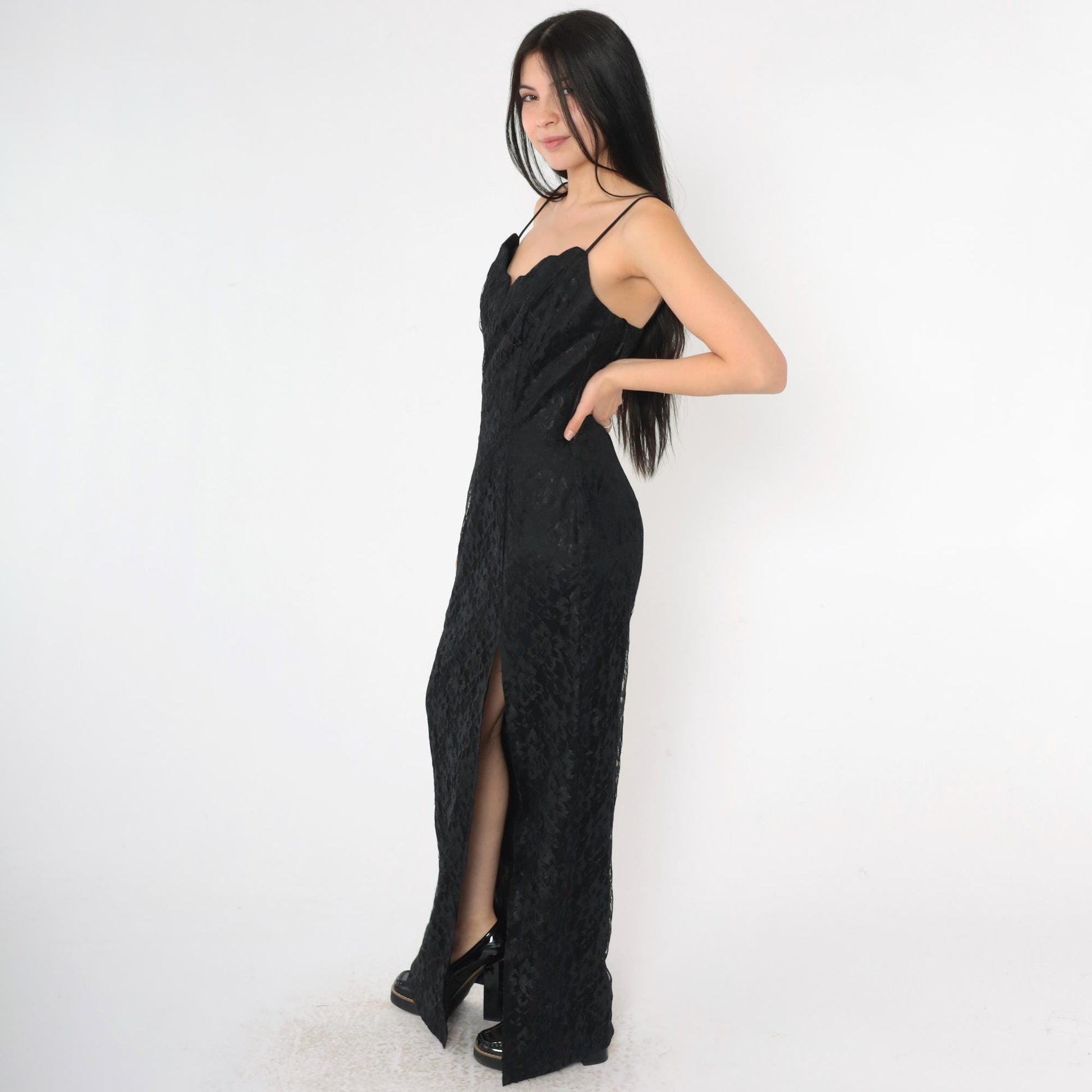 90s Black Lace Maxi Dress Sweetheart Neckline High Slit Spaghetti Strap Small