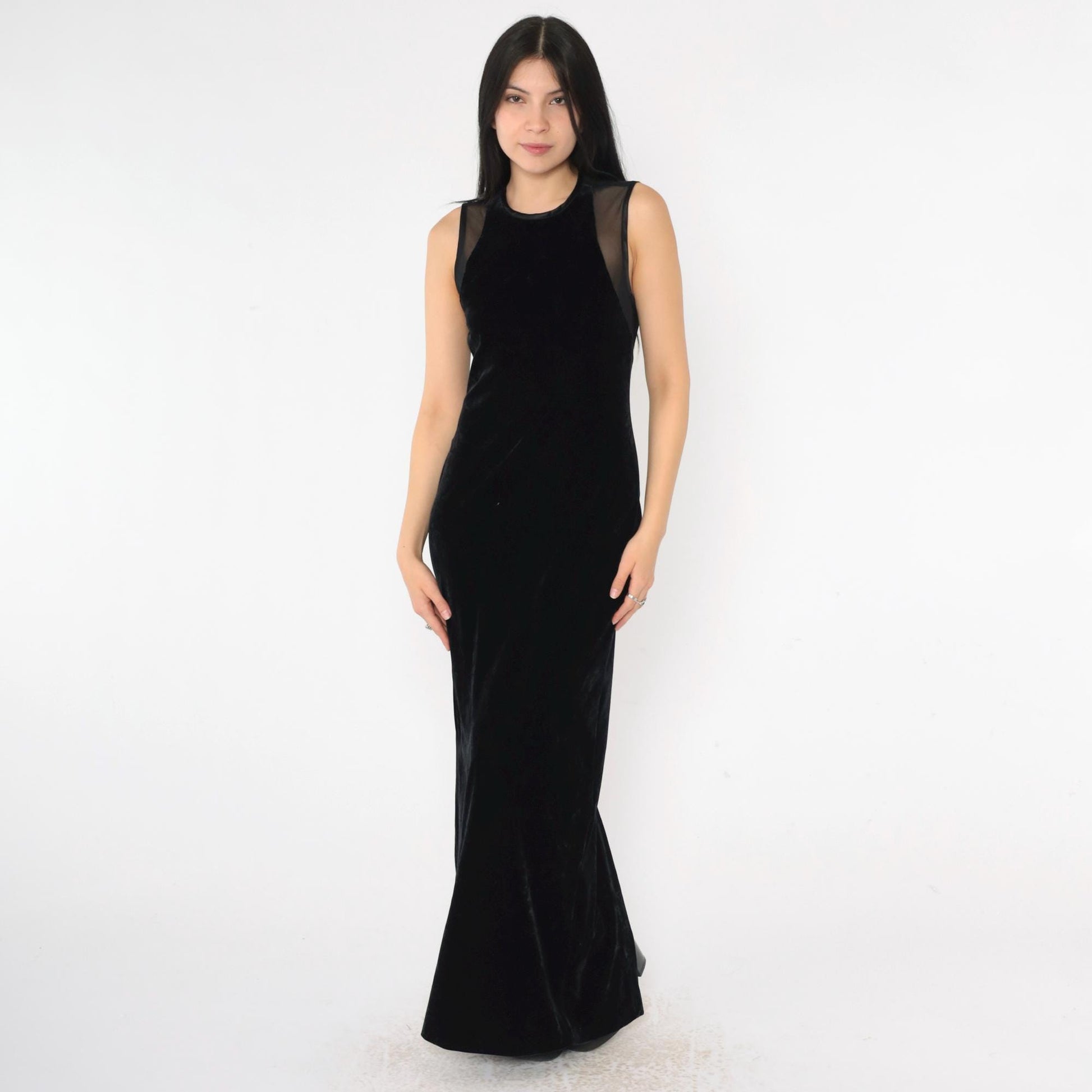 90s Jessica Howard Black Velvet Maxi Dress Sheer Mesh Back Rhinestone Small
