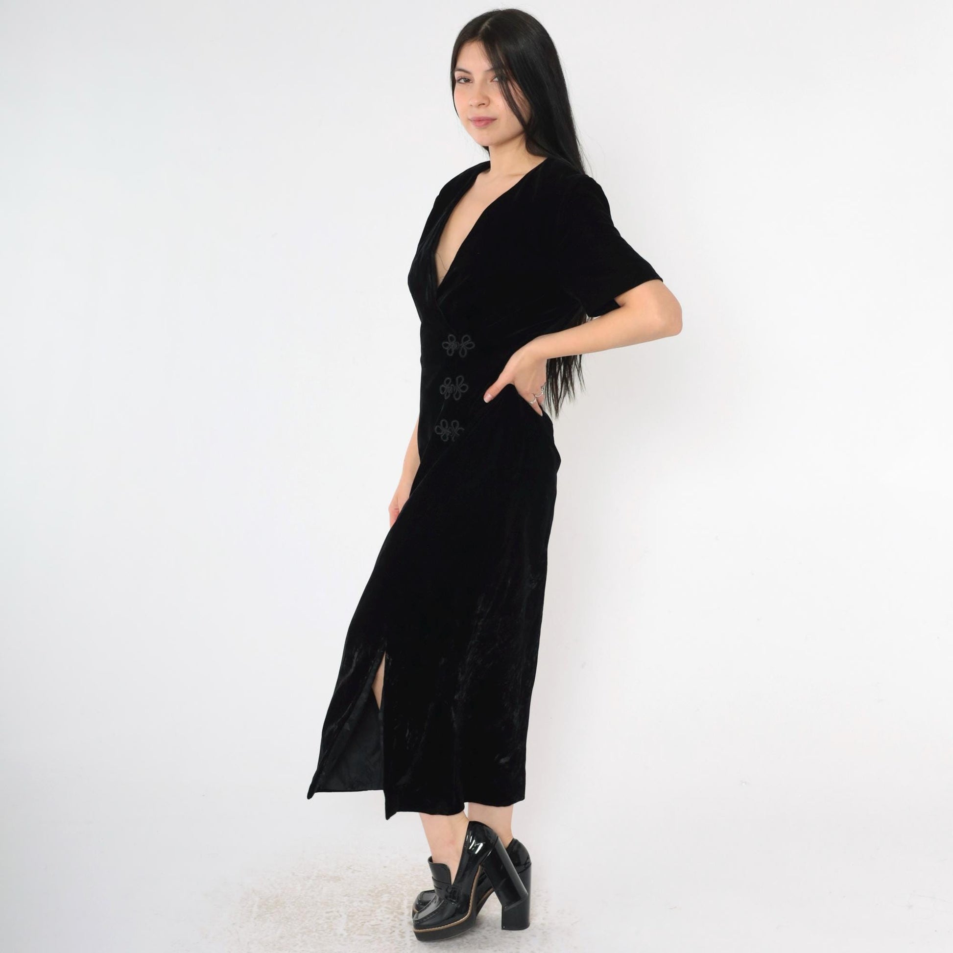 90s Talbots Black Velvet V-Neck Midi Dress Frog Closures Small 6
