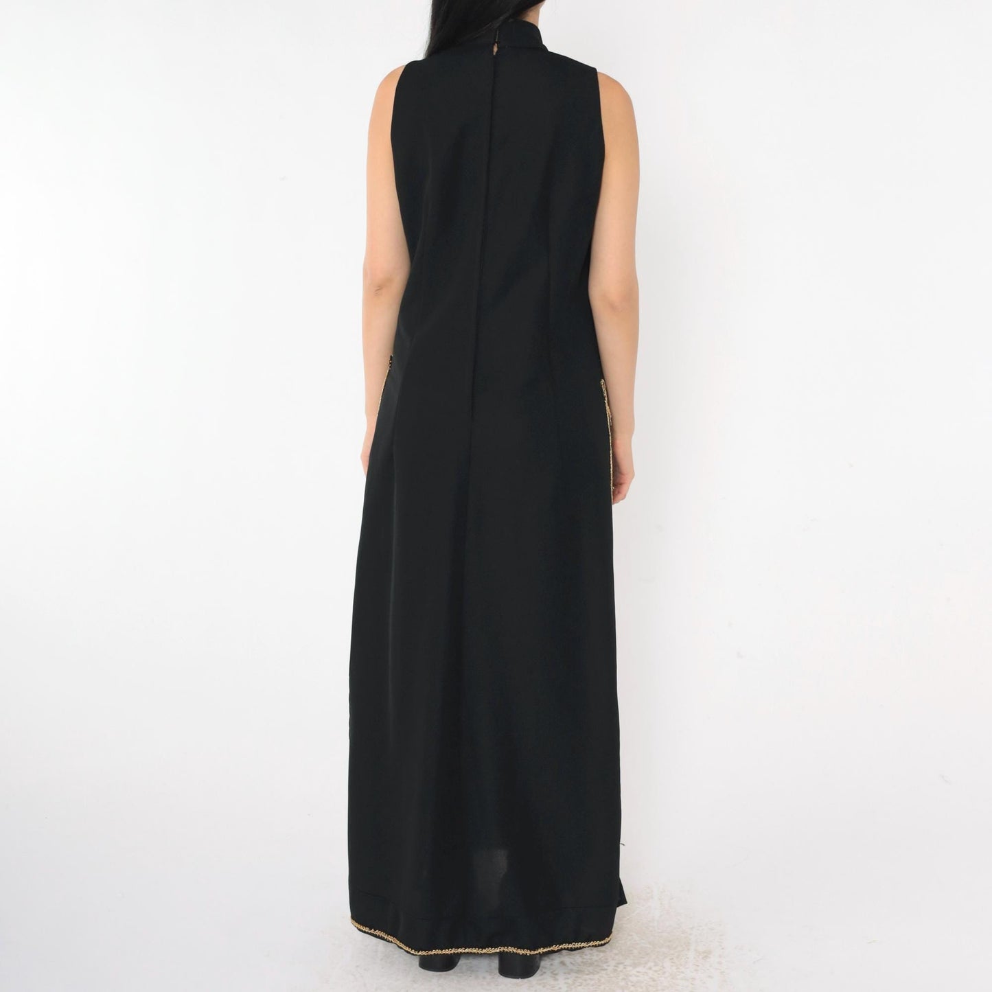 70s Black Evening Gown Gold Trim High Mock Neck Maxi Side Slits Large