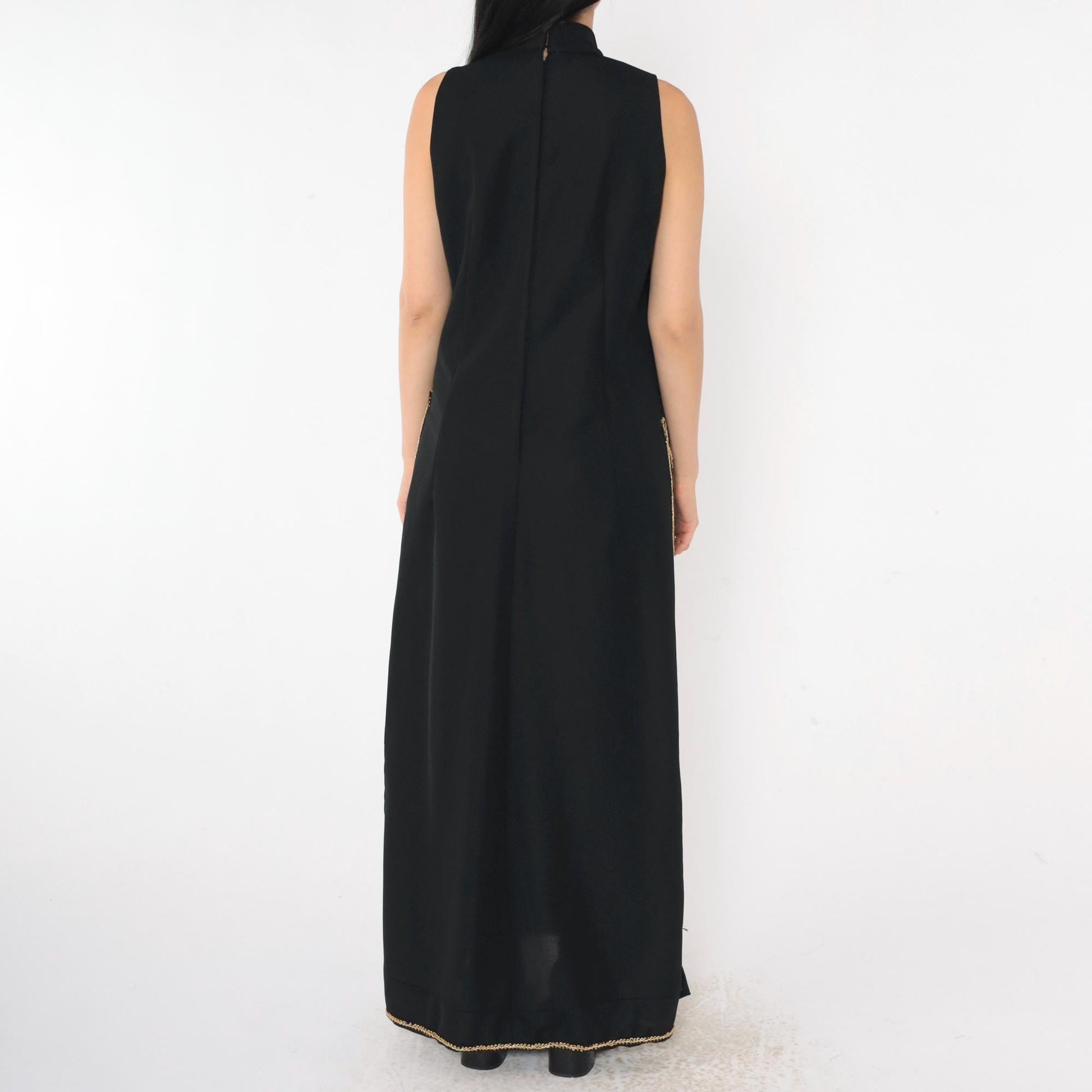 70s Black Evening Gown Gold Trim High Mock Neck Maxi Side Slits Large