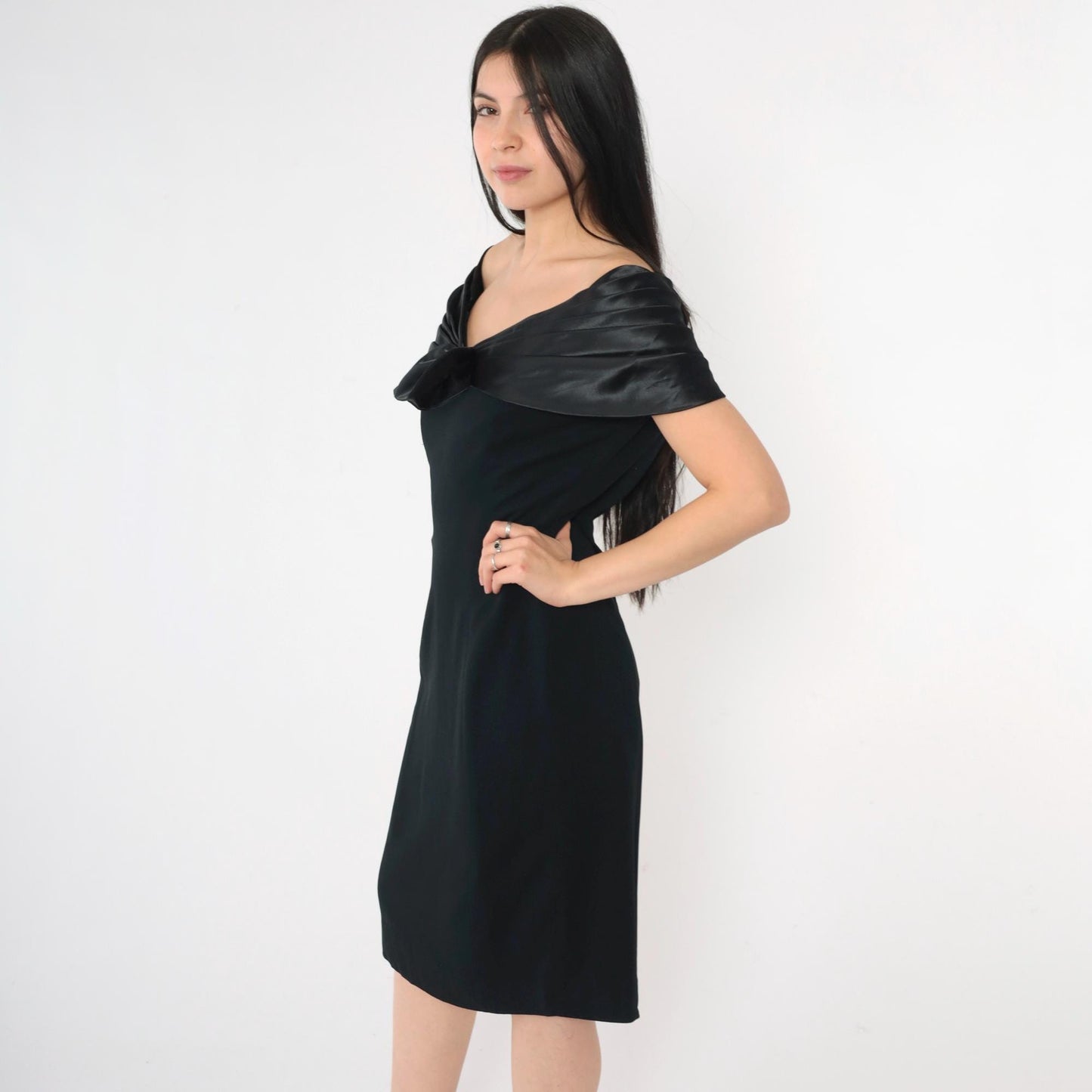 90s Black Off-Shoulder Bow Cocktail Dress Midi Sheath Medium 8