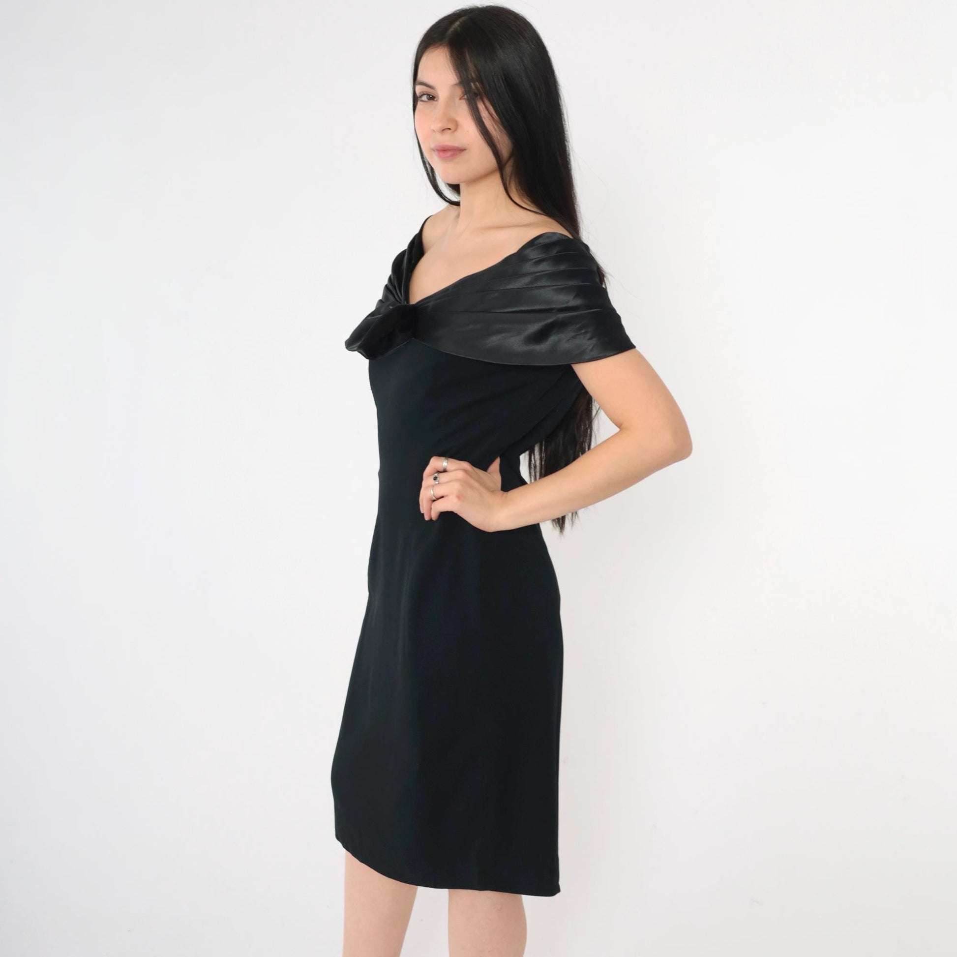 90s Black Off-Shoulder Bow Cocktail Dress Midi Sheath Medium 8
