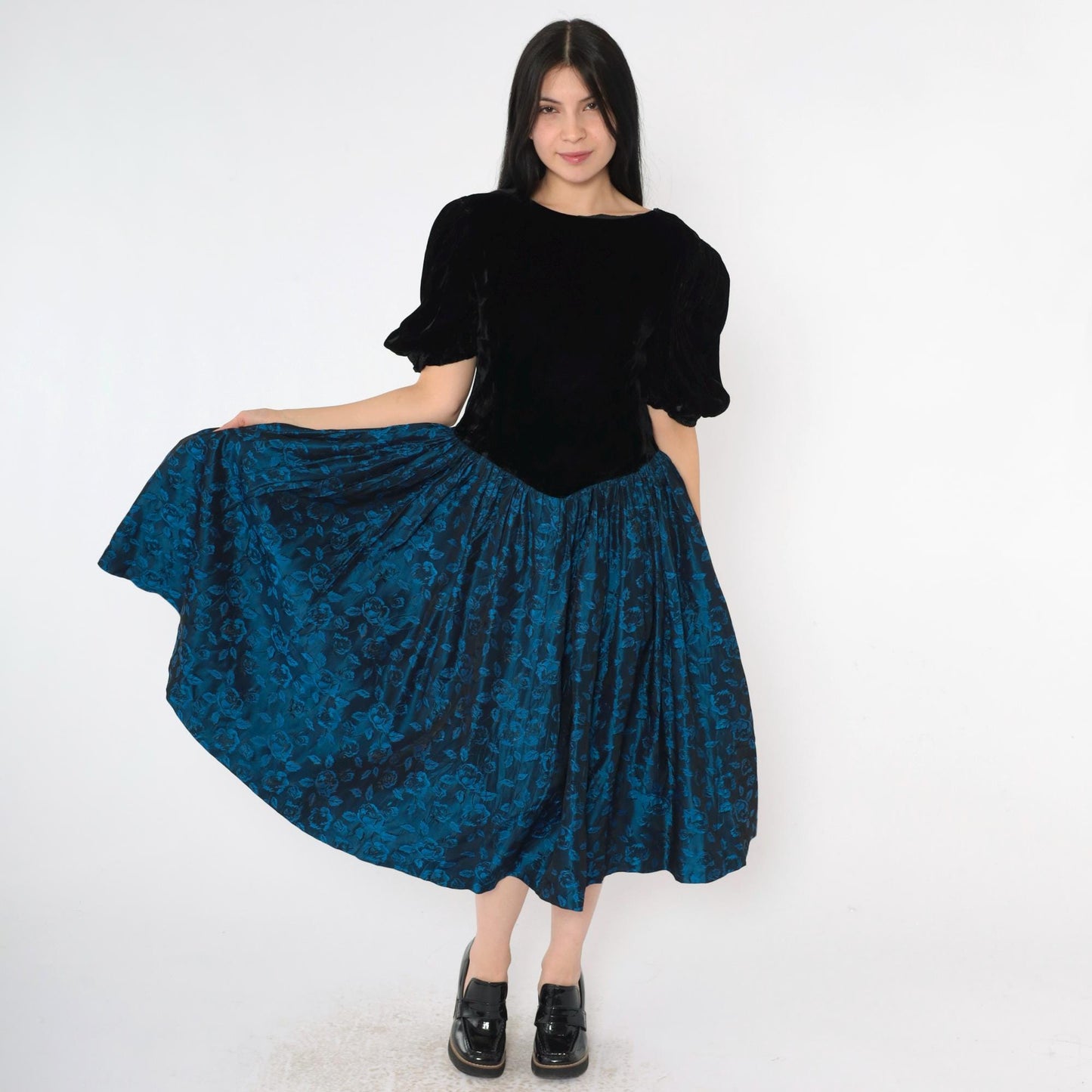 80s Black Velvet Puff Sleeve Dress Blue Floral Jacquard Midi V Back Small