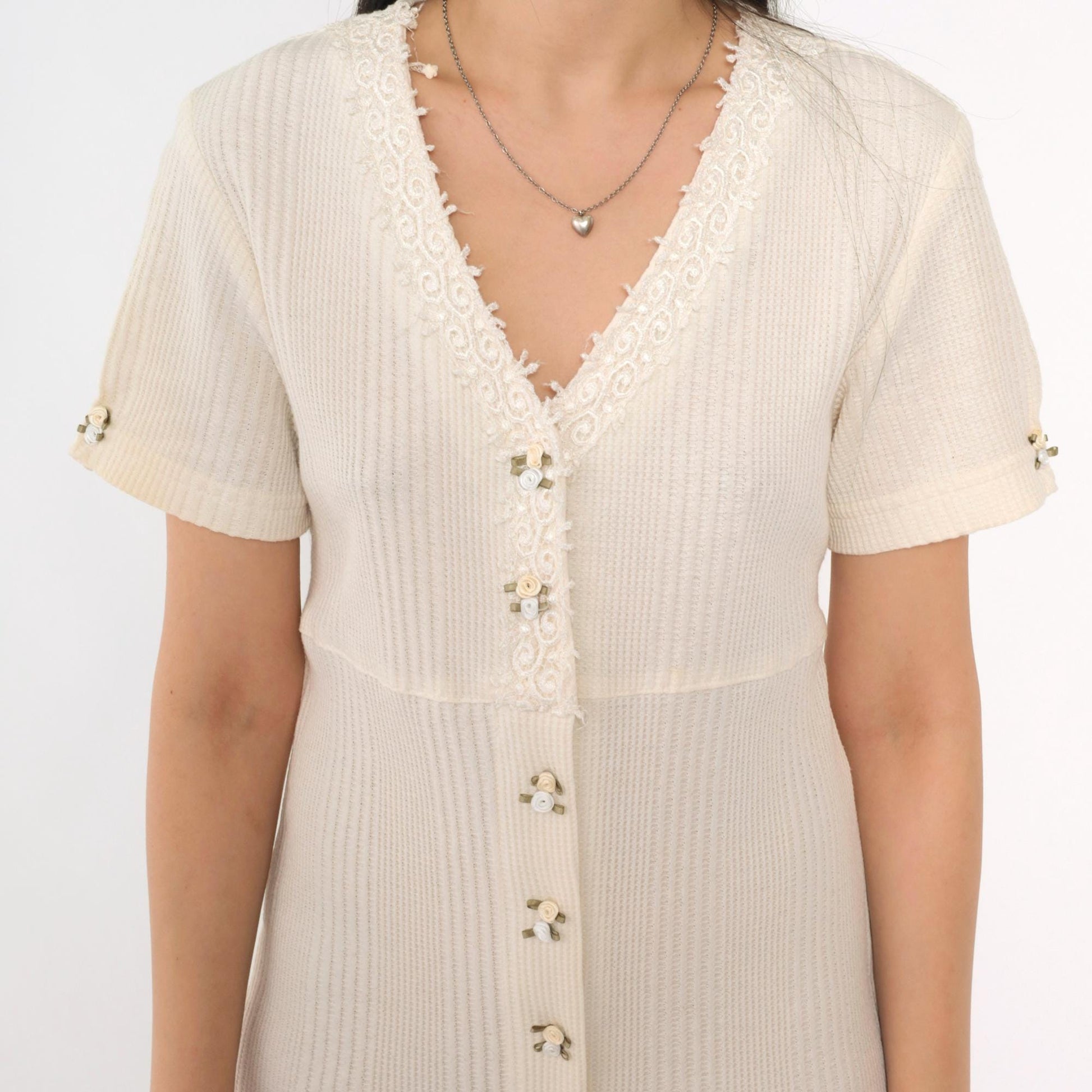 90s Ivory Ribbed Rosette Maxi Dress Button Front Lace Trim V-Neck Small S