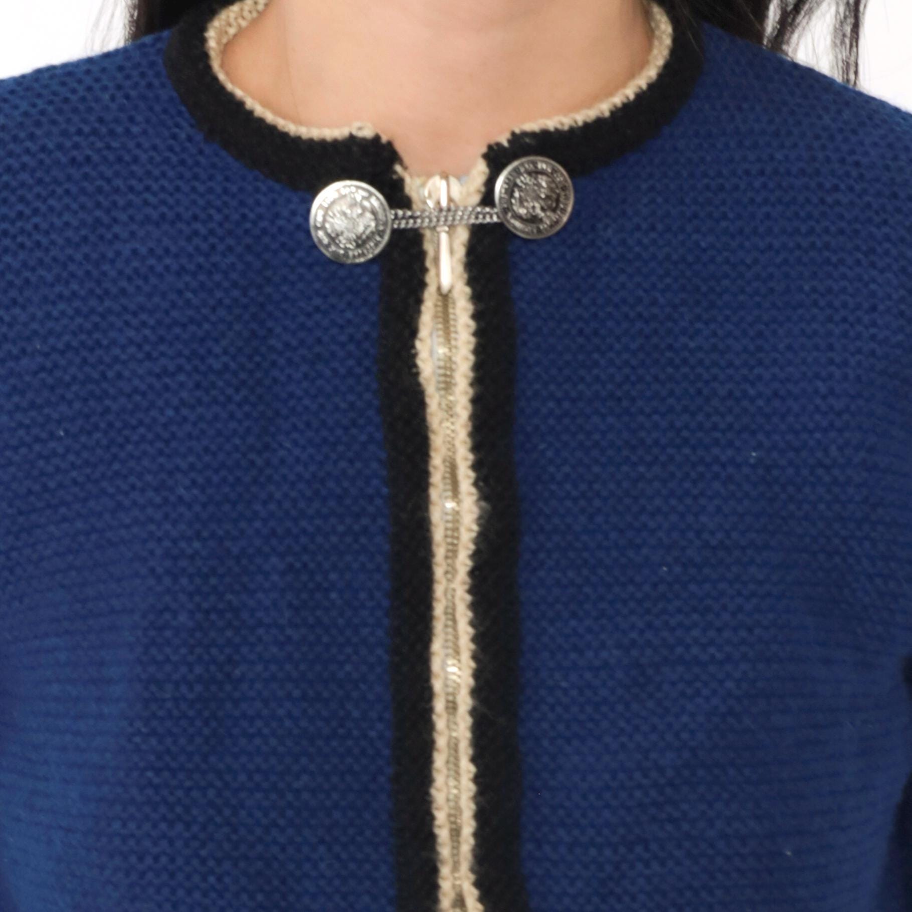 60s Blue Wool Cardigan Cropped Zip Coin Button 3/4 Sleeve Extra Small